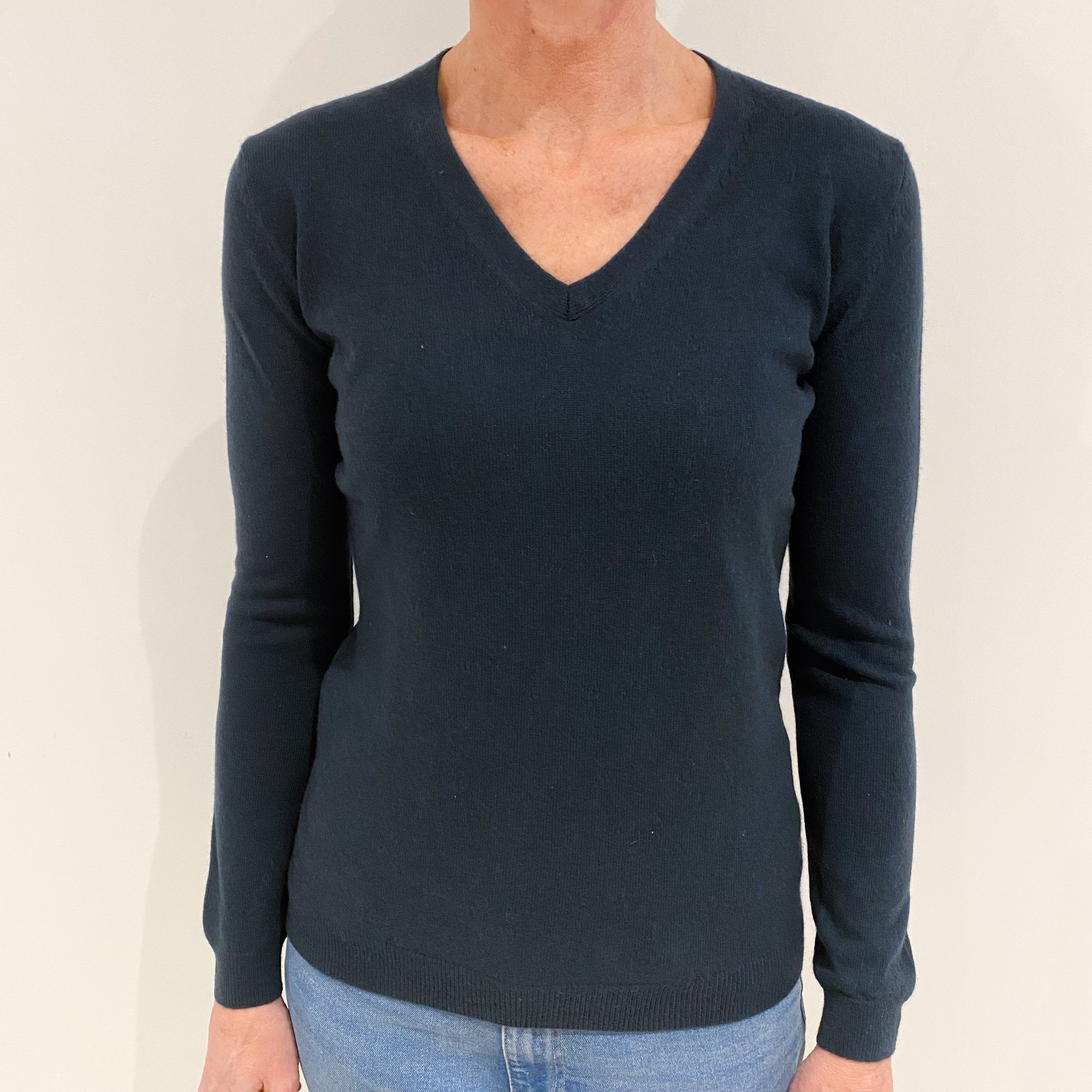 Dark Naval Blue Cashmere V Neck Jumper Small