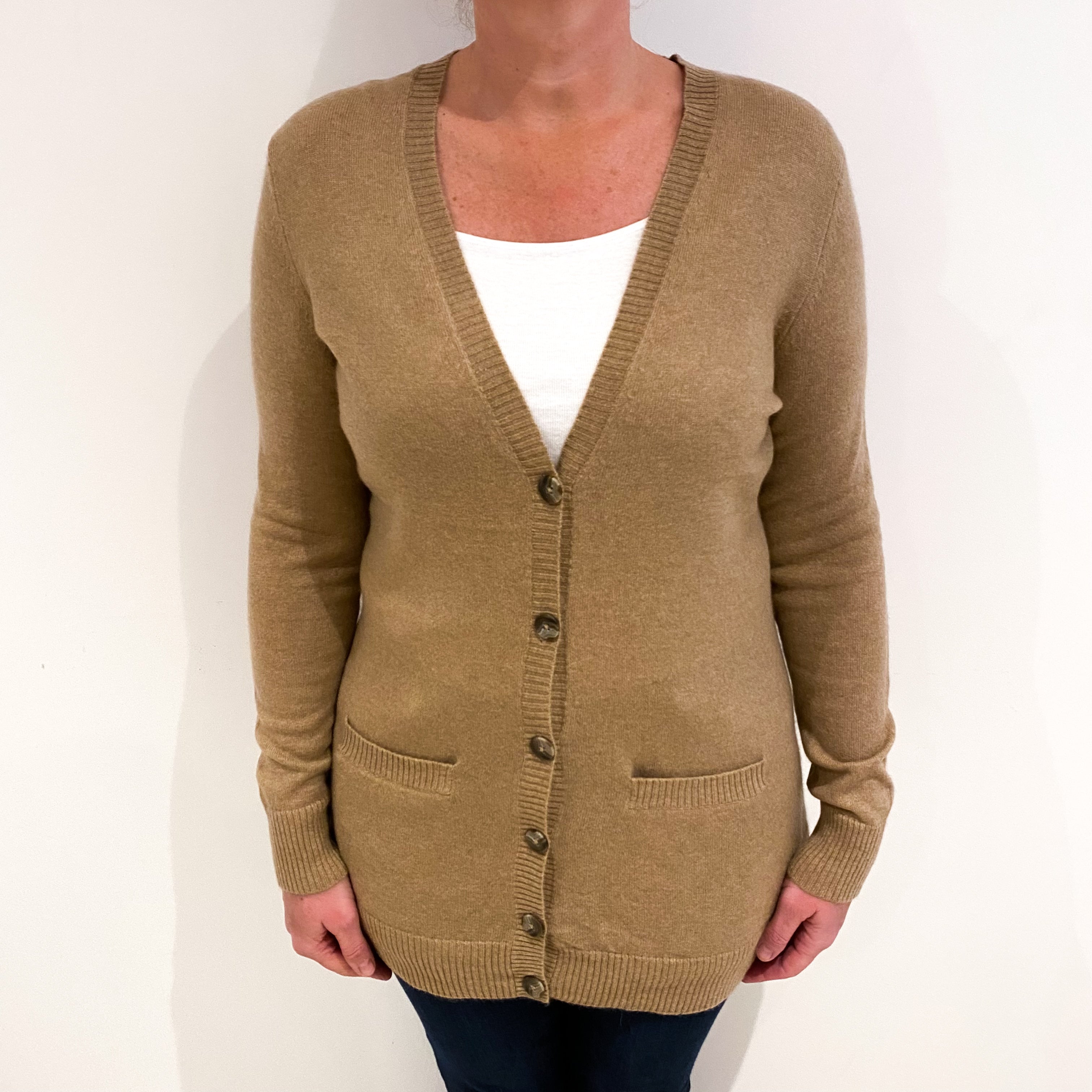 Camel Brown Cashmere V Neck Cardigan with Pockets Large