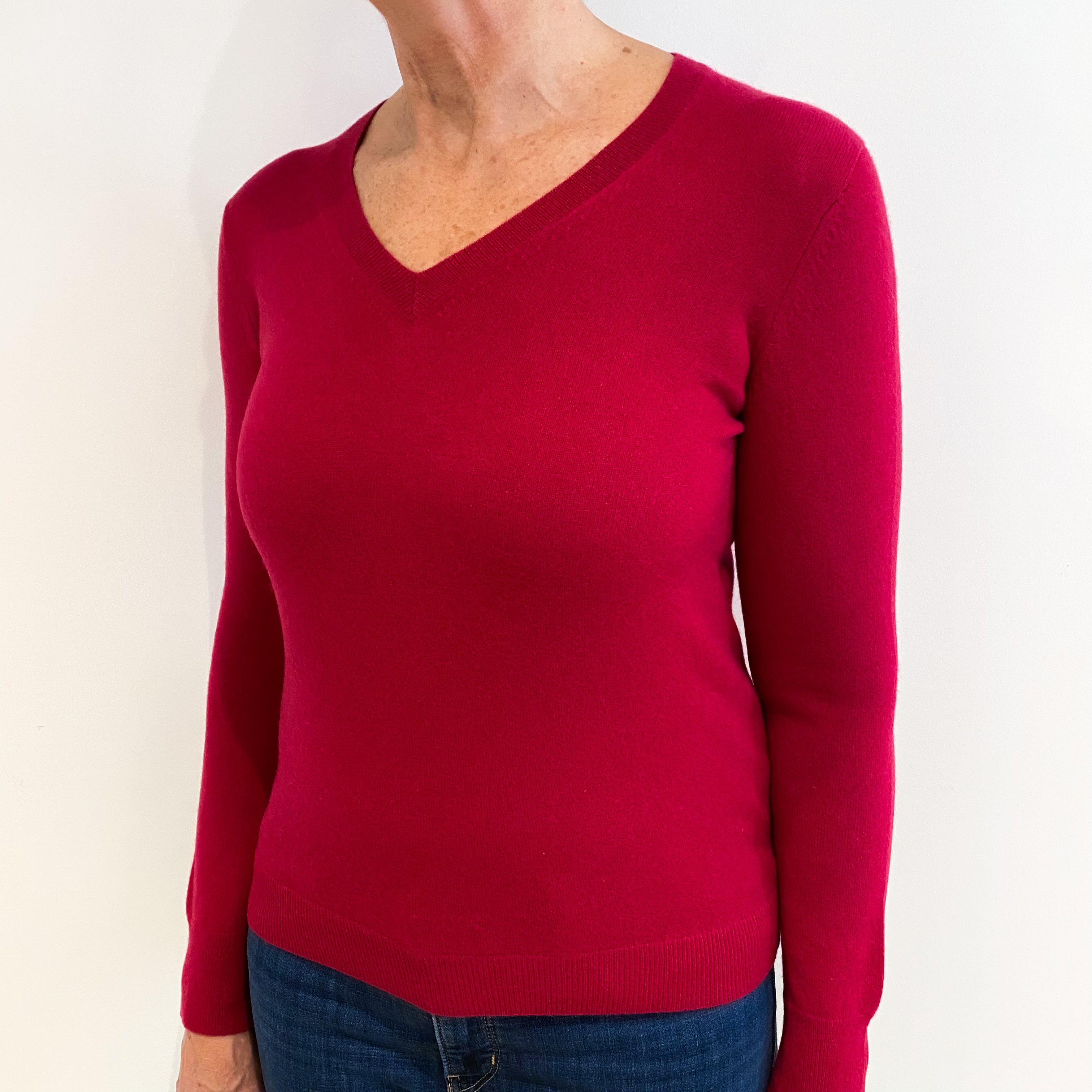 Cherry Red Cashmere V Neck Jumper Medium