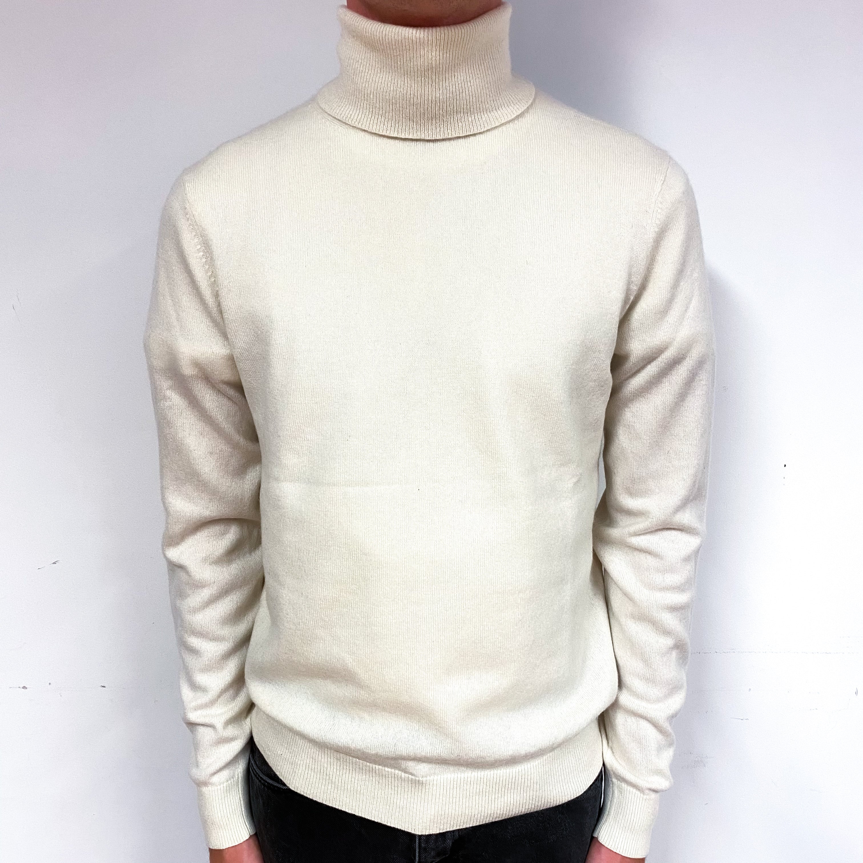 Men's Cream Cashmere Polo Neck Jumper Small
