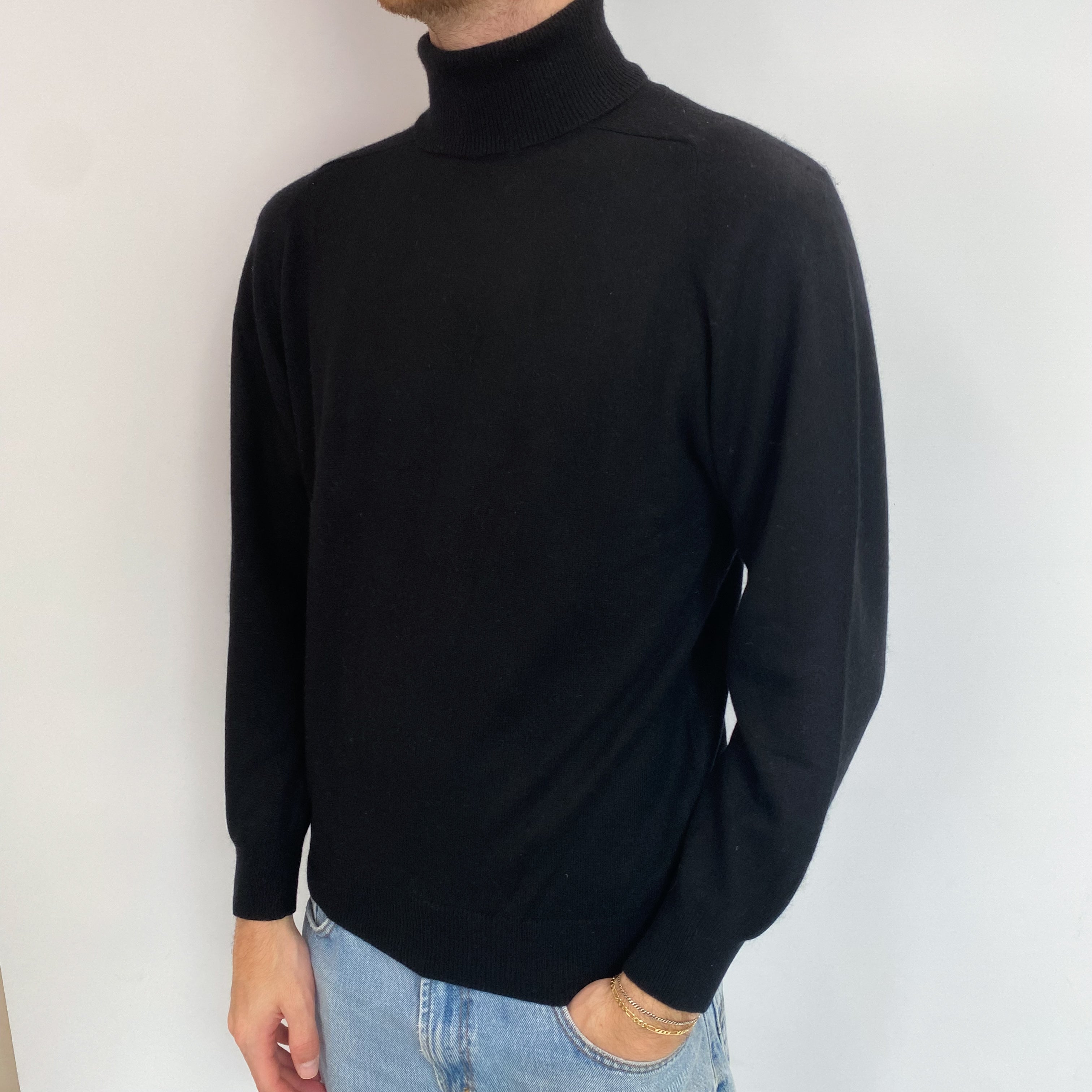Men's Black Cashmere Polo Neck Jumper Medium