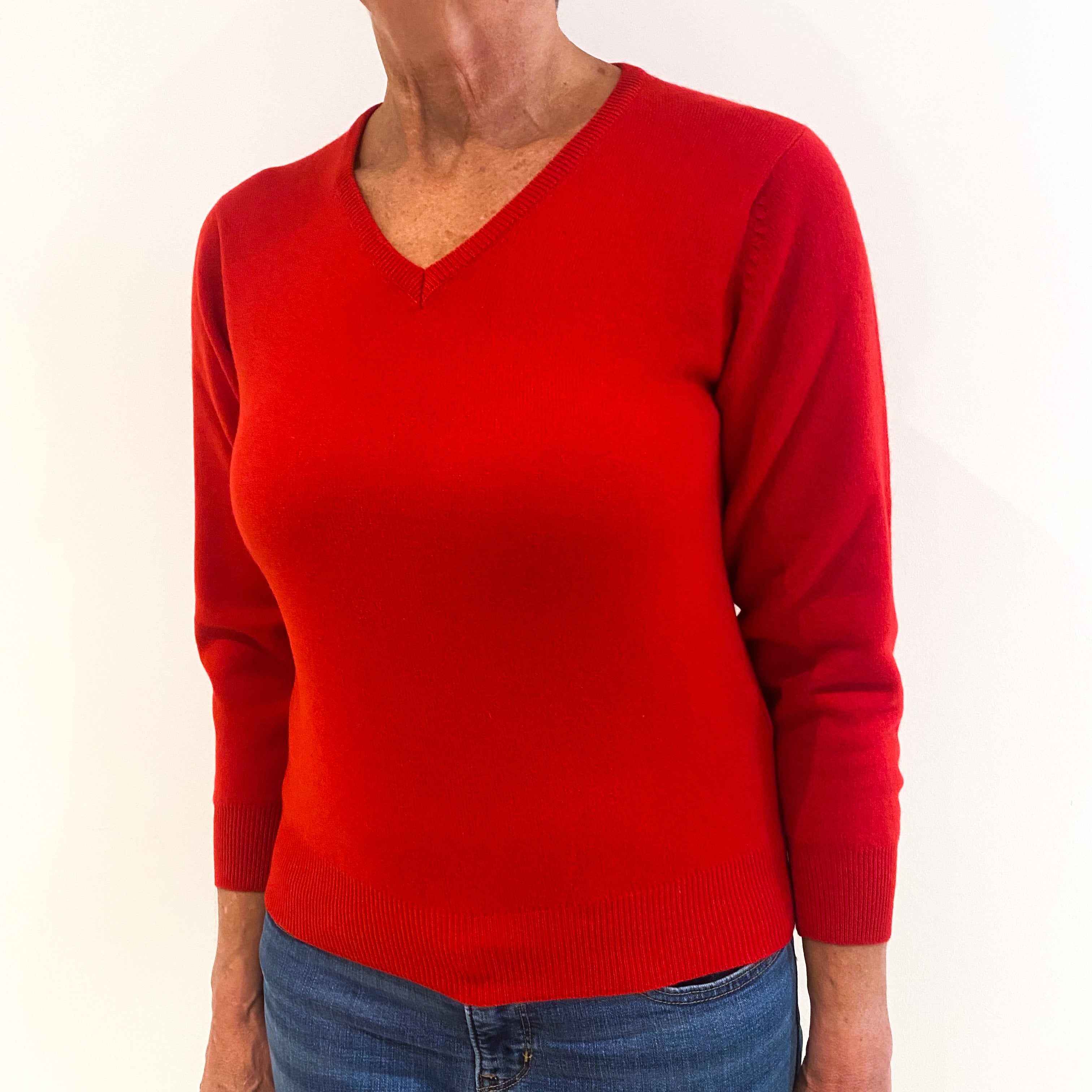 Post Box Red 3/4 Sleeved Cashmere V-Neck Jumper Medium