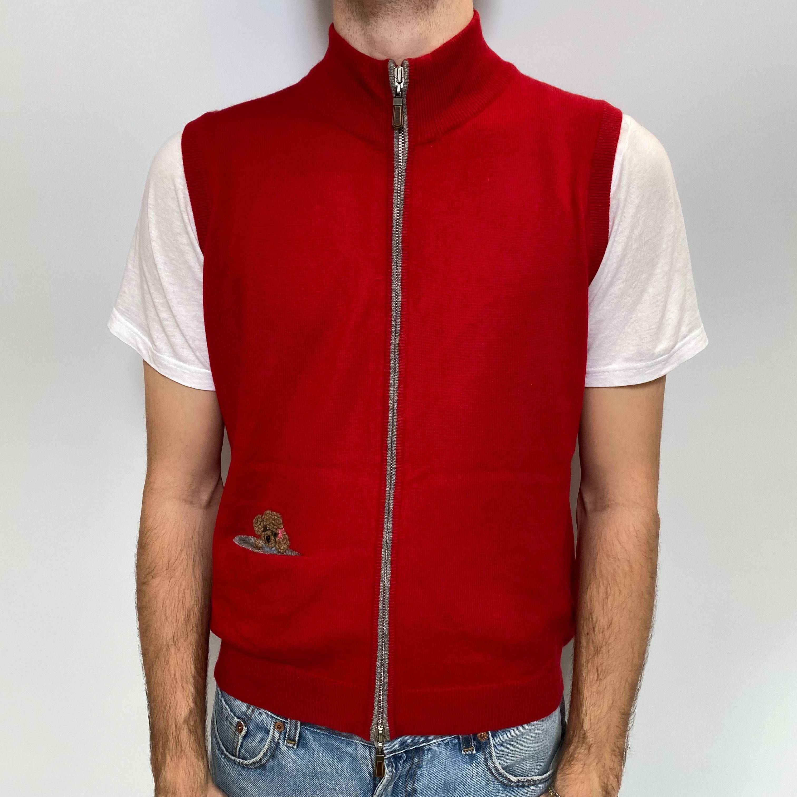 Men's Red Poodle Motif Cashmere Sleeveless Zip Up Cardigan Large