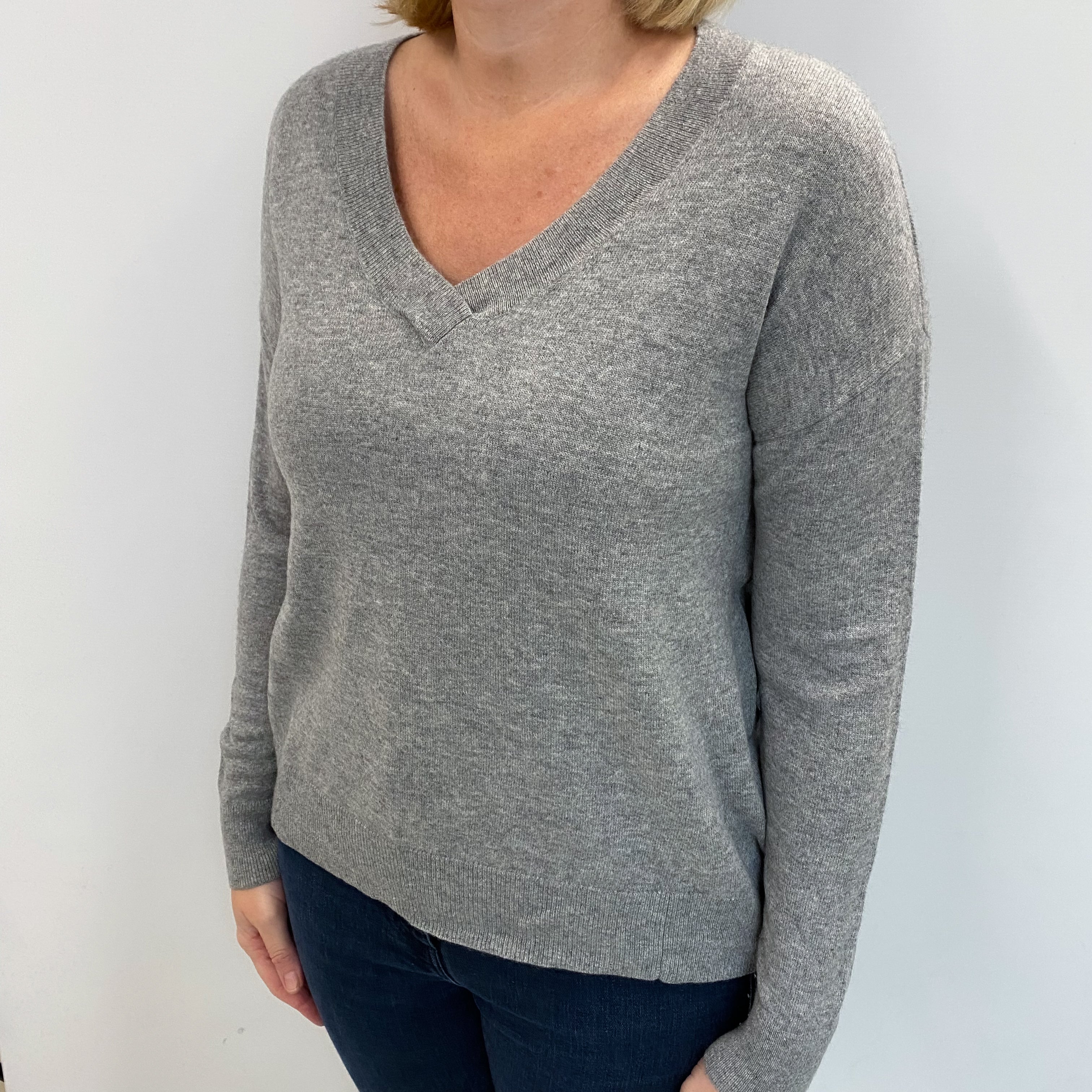 Smoke Grey Cashmere V Neck Jumper Large