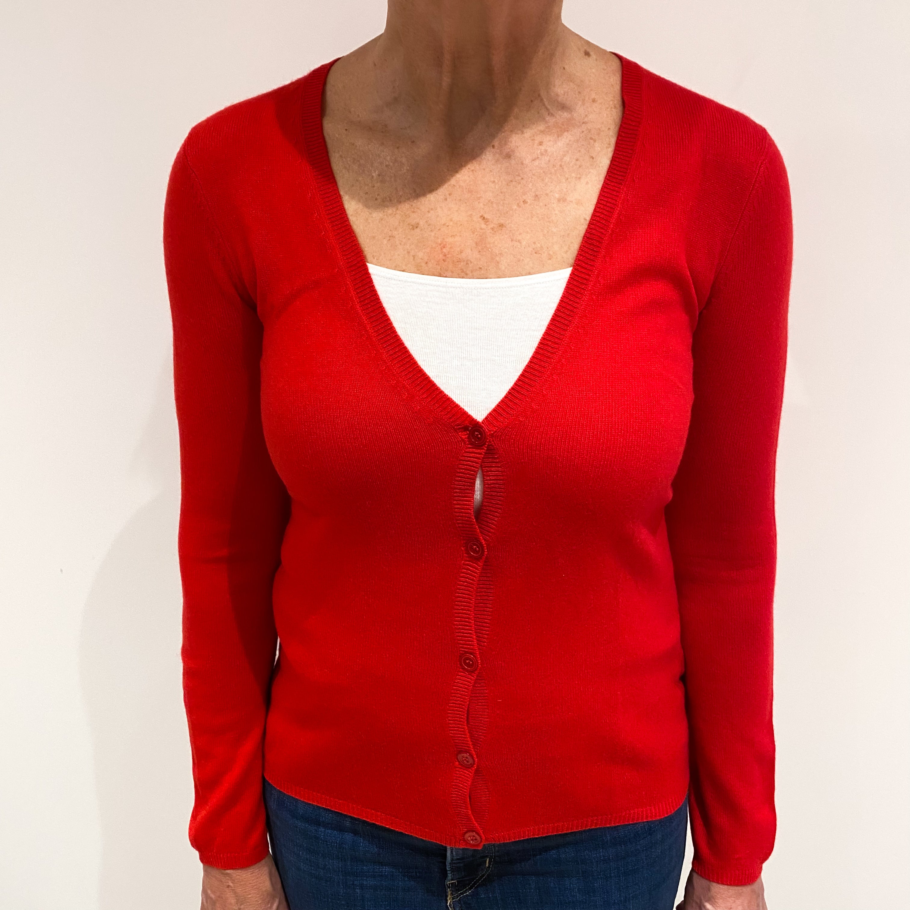 Bright Scarlet Red Cashmere V Neck Cardigan Medium