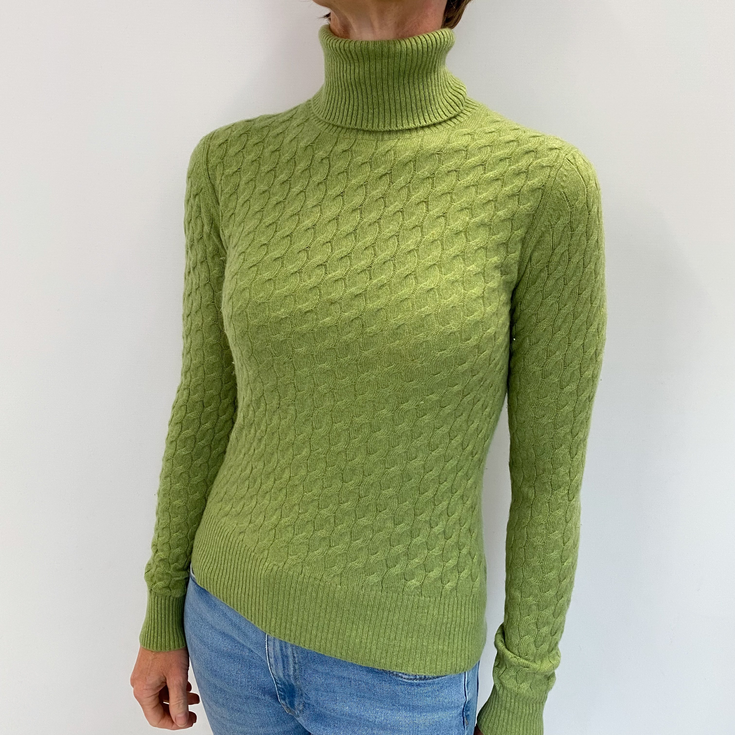 Pear Green Cashmere Polo Neck Cable Knit Jumper Small
