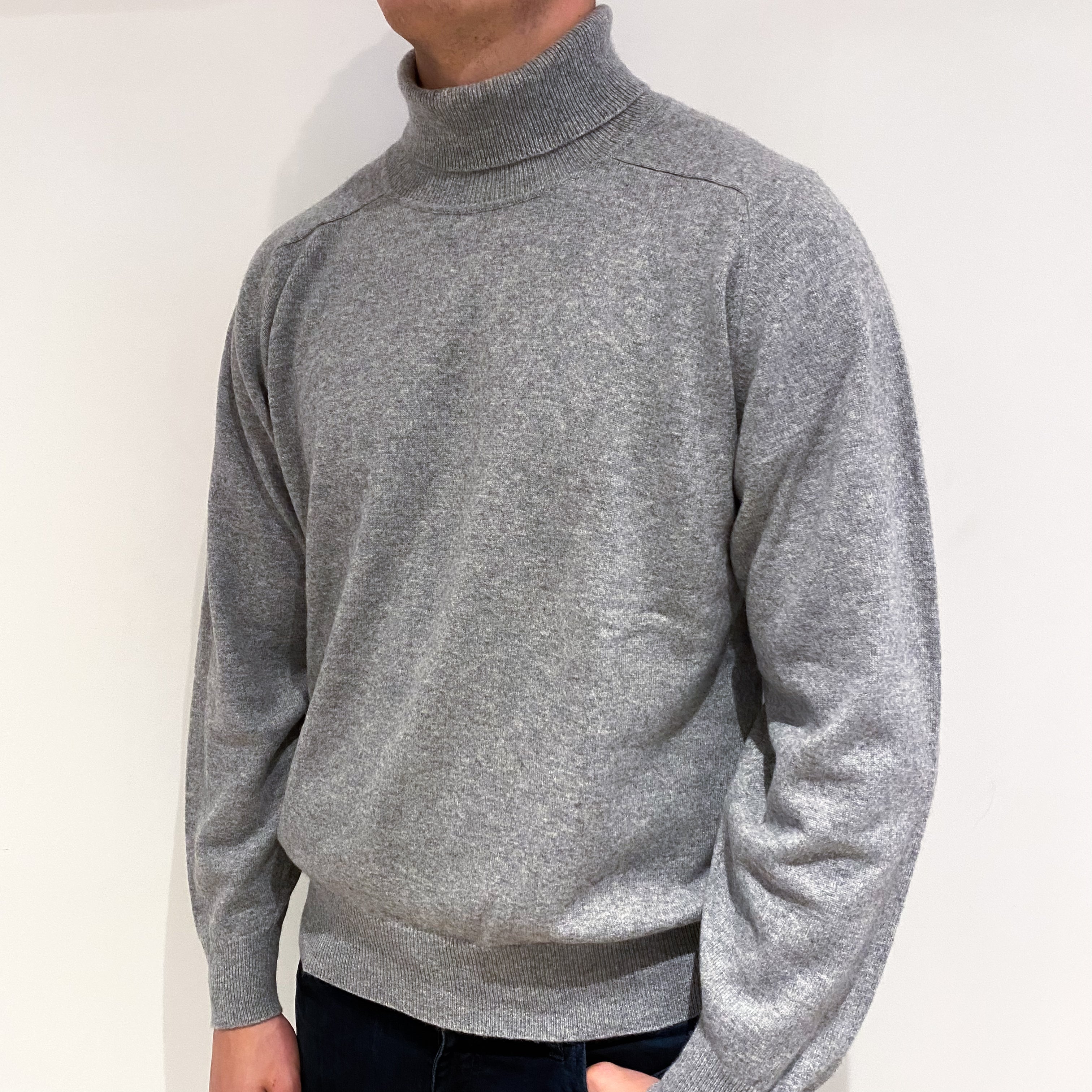 Men's Smoke Grey Cashmere Polo Neck Jumper Extra Large