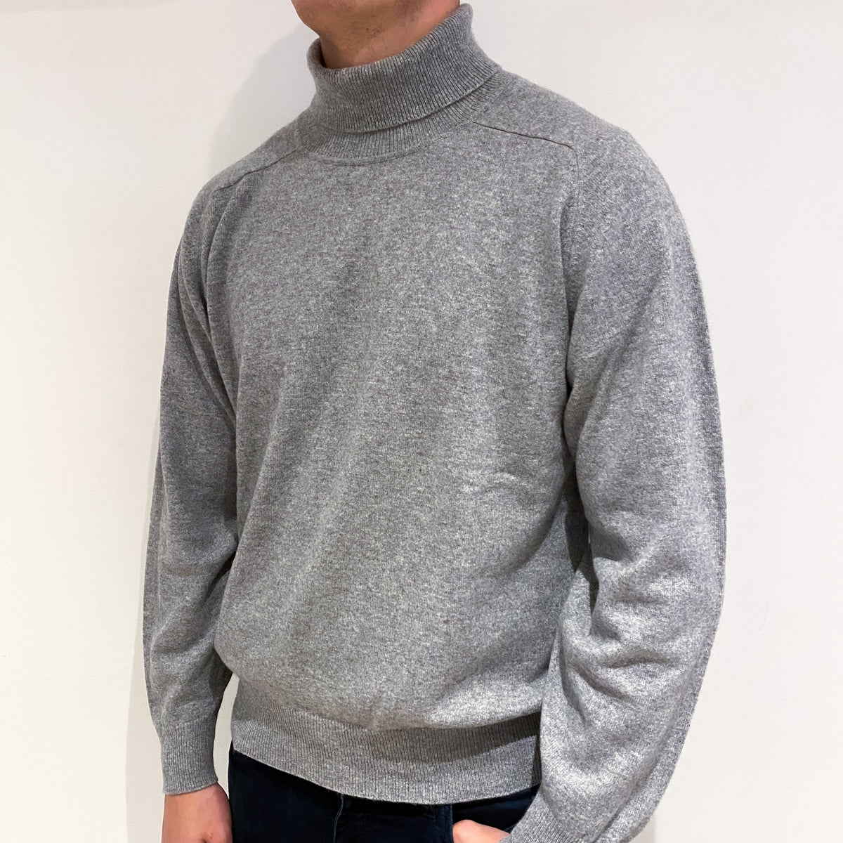 Men's Smoke Grey Cashmere Polo Neck Jumper Extra Large