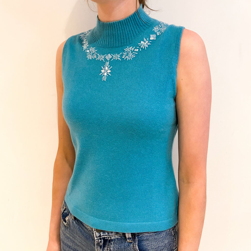 Aquamarine Blue Snowflake Cashmere Turtle Neck Sleeveless Jumper Extra Small