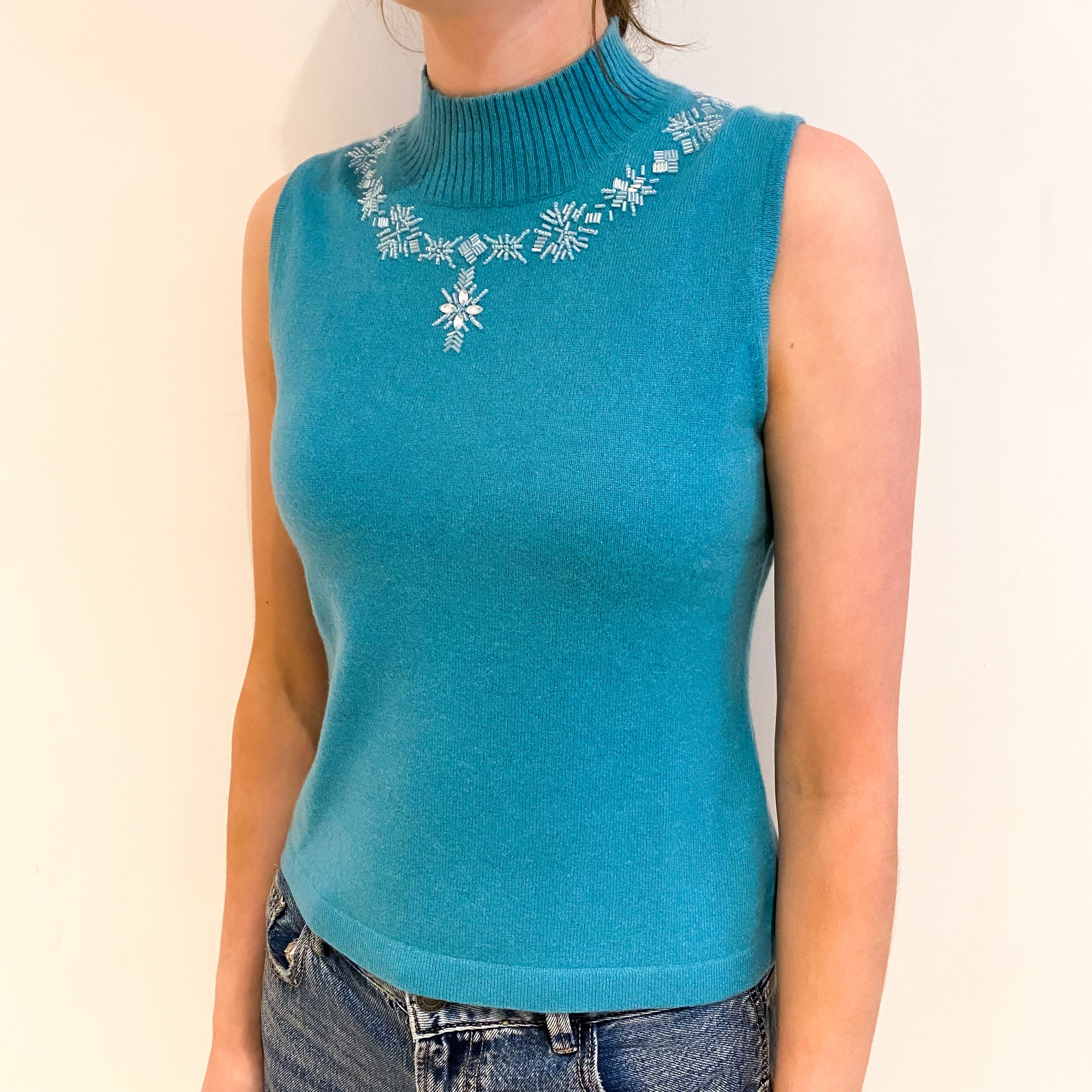 Aquamarine Blue Snowflake Cashmere Turtle Neck Sleeveless Jumper Extra Small