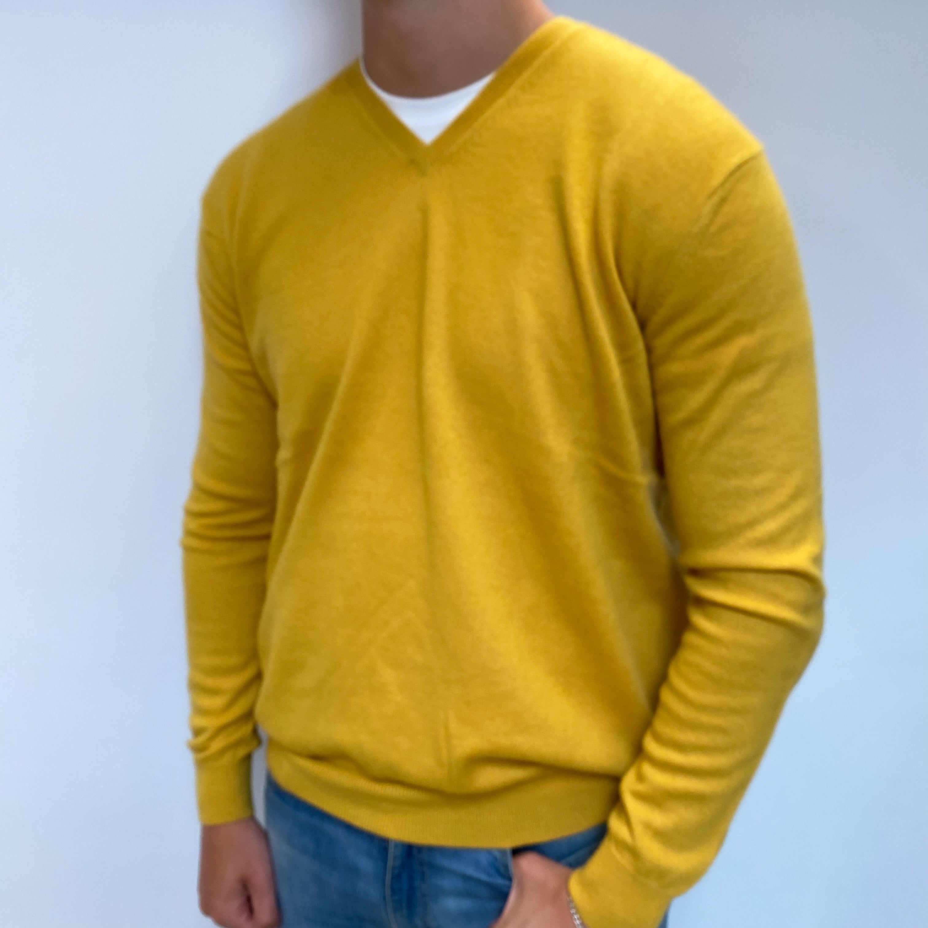 Men's Mustard Yellow Cashmere V Neck Jumper XXL