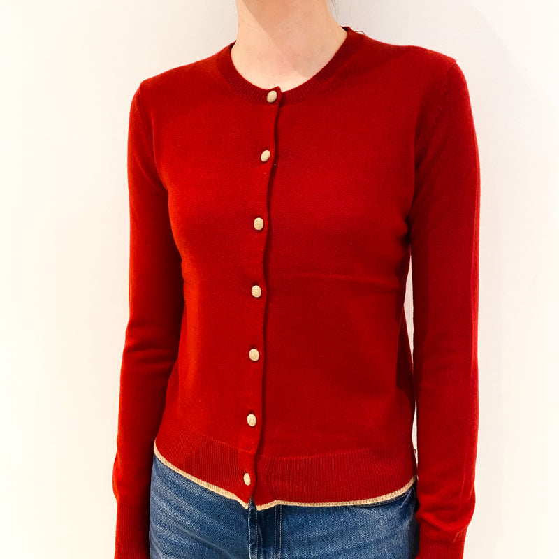 Postbox Red Cashmere Cardigan with Beige Trim Extra Small