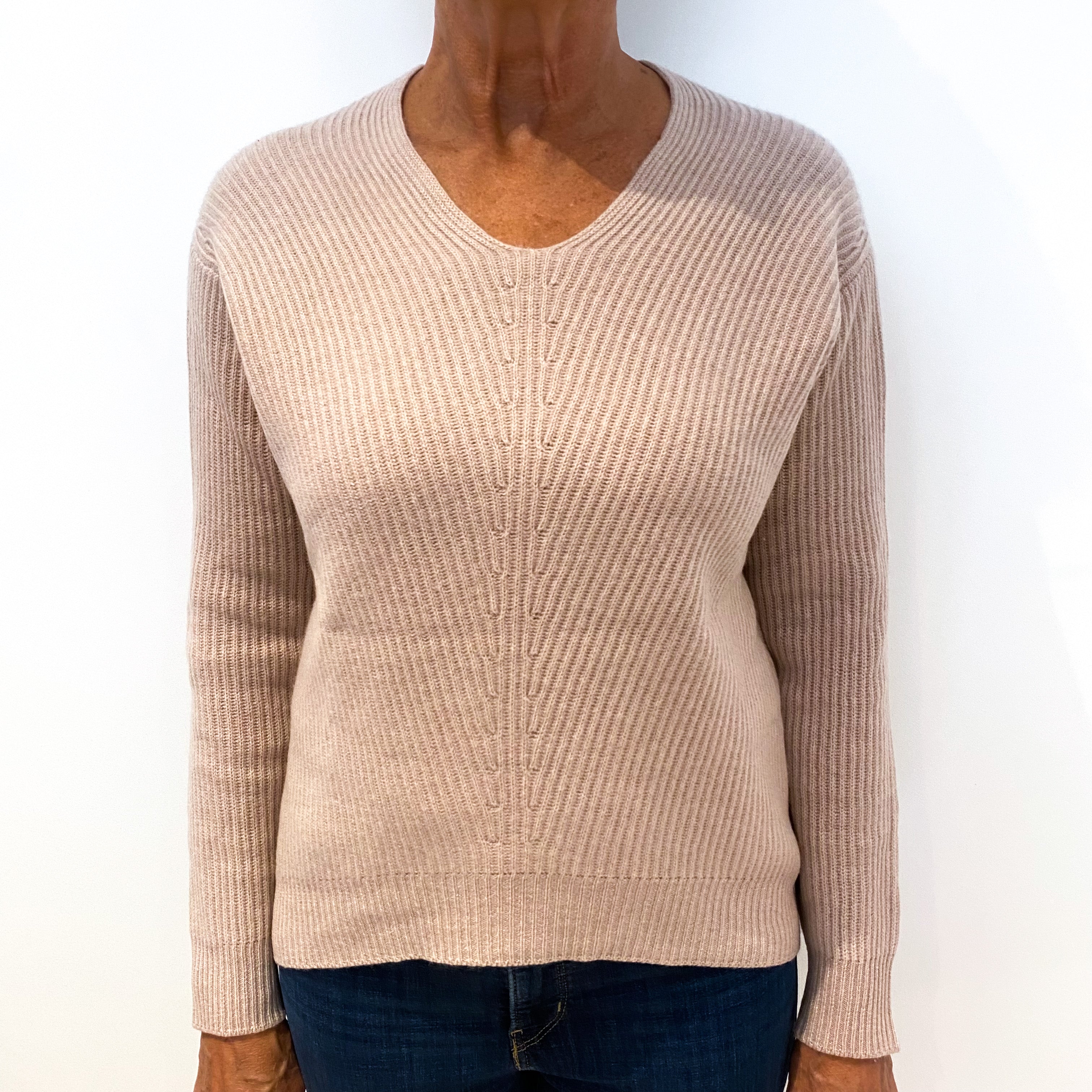 Beige Pink Ribbed Cashmere V-Neck Jumper Medium