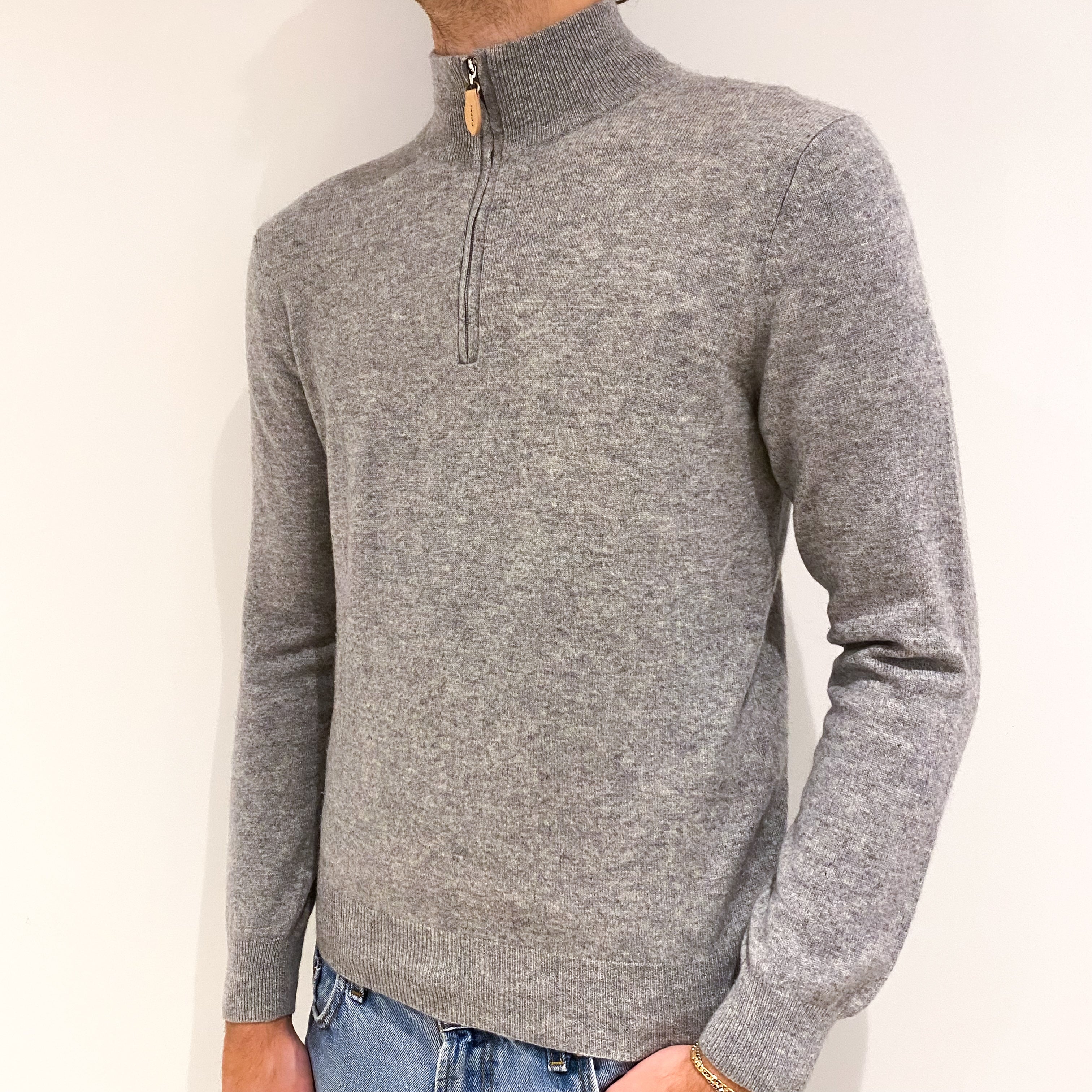 Men's Smoke Grey Cashmere Quarter Zip Jumper Medium