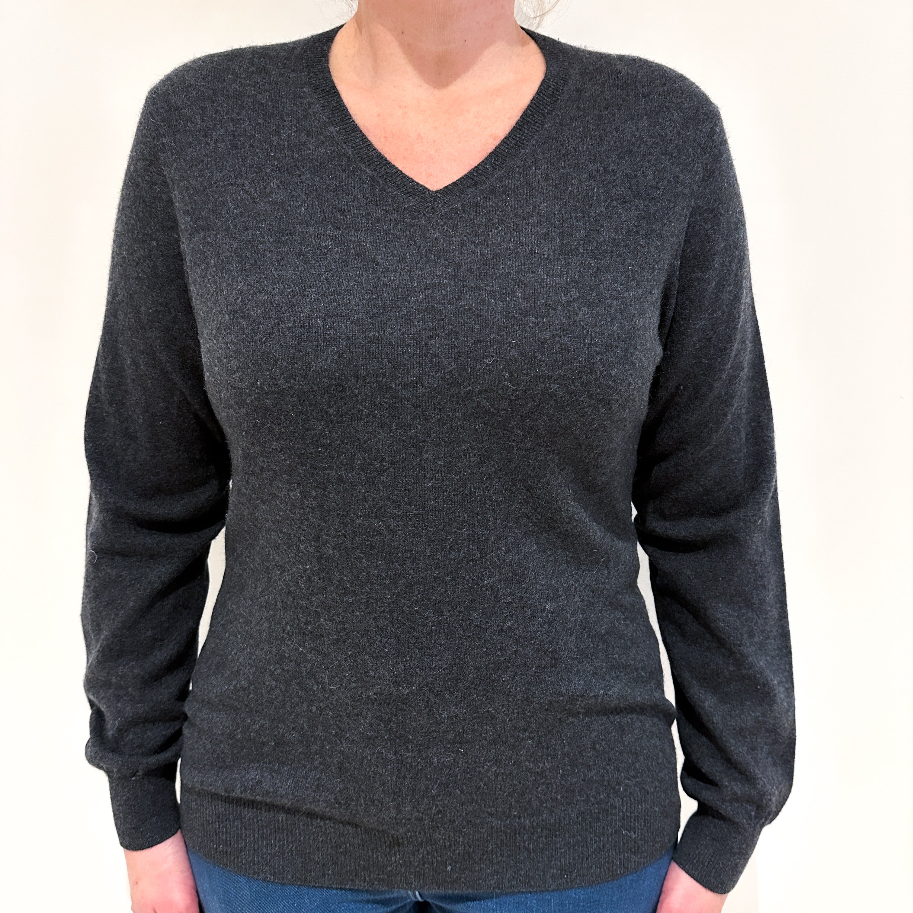 Slate Grey Cashmere V Neck Jumper Large