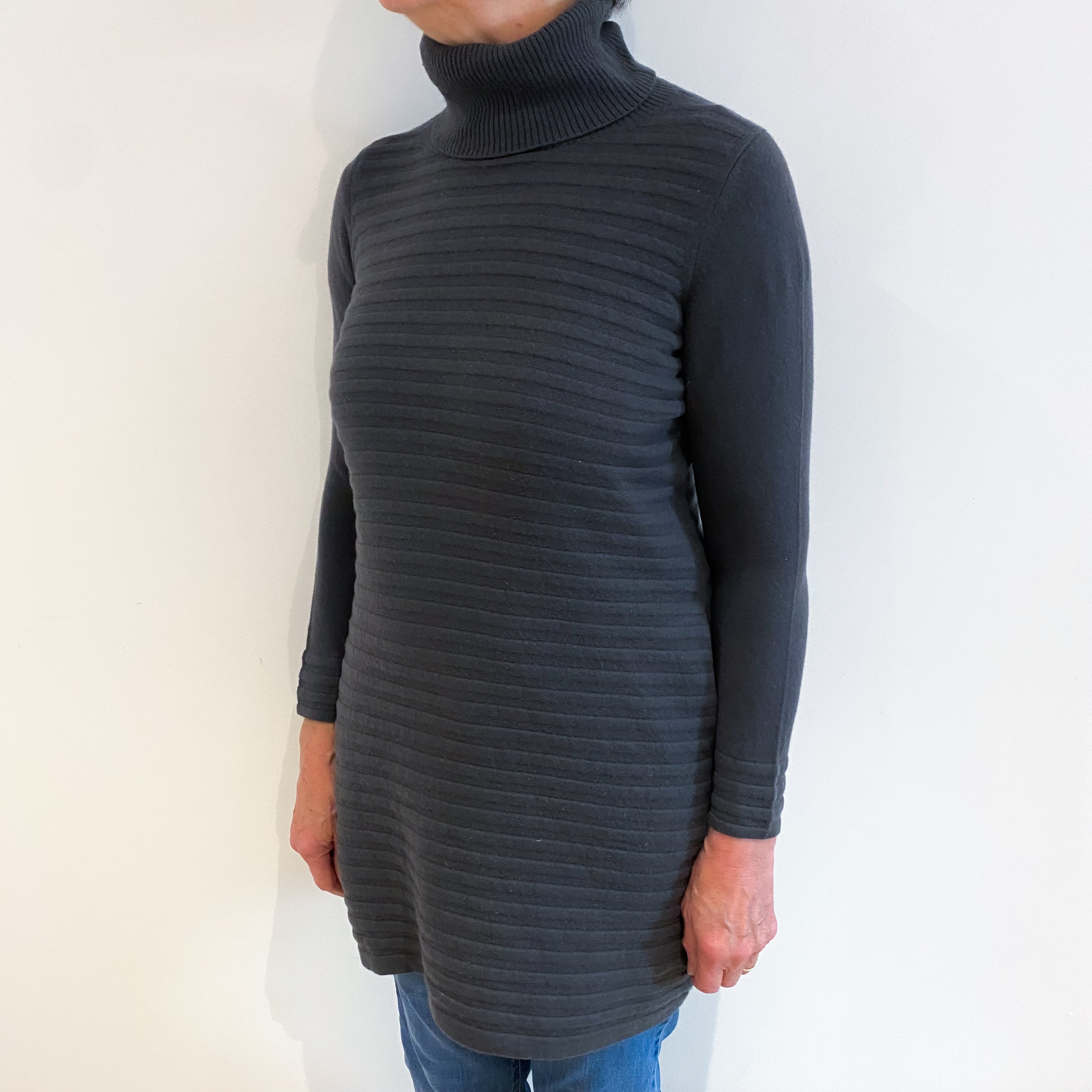 Slate Grey Rib Cashmere Polo Neck Tunic Dress with Pockets Medium