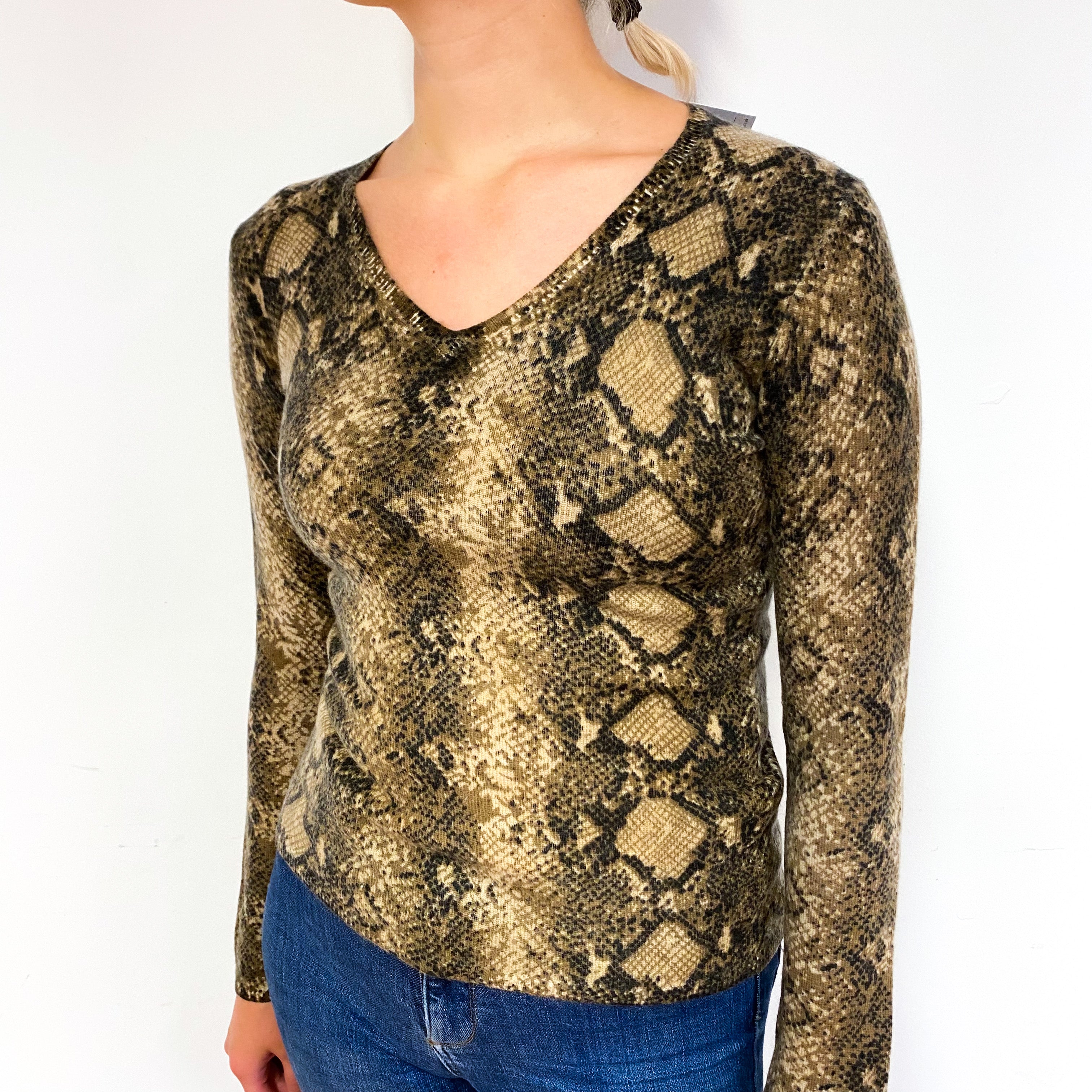 Brown Snake Print Cashmere V-Neck Jumper Small