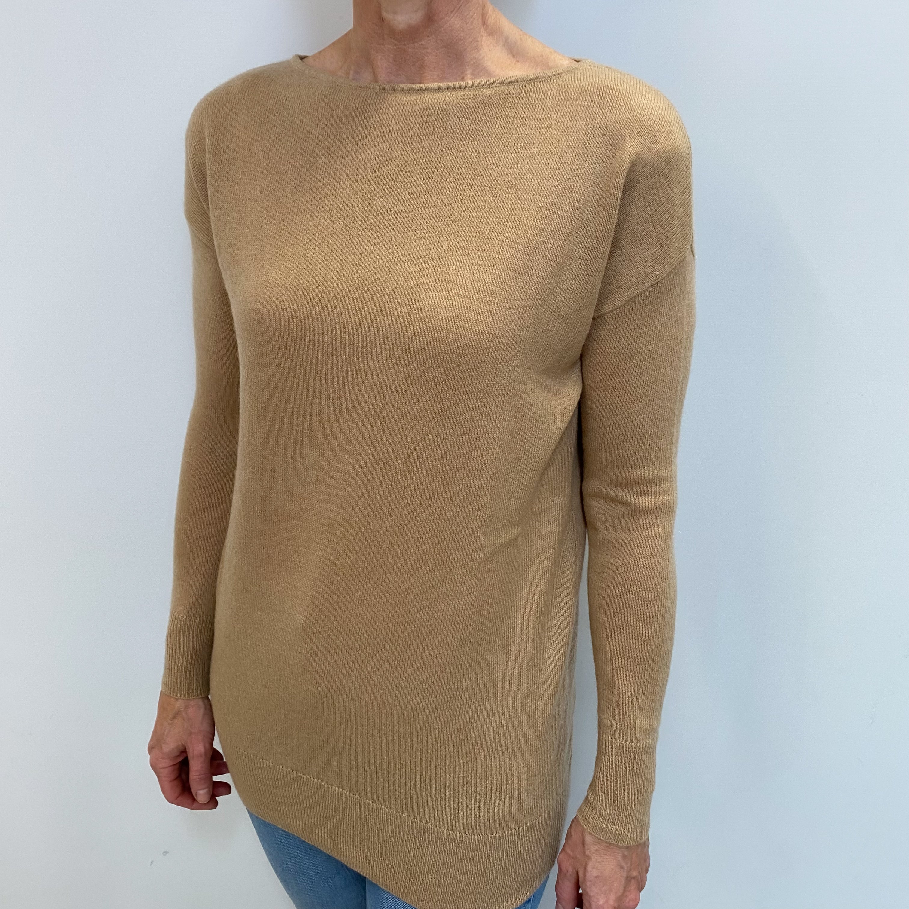 Camel Brown Cashmere Slash Neck Jumper Small