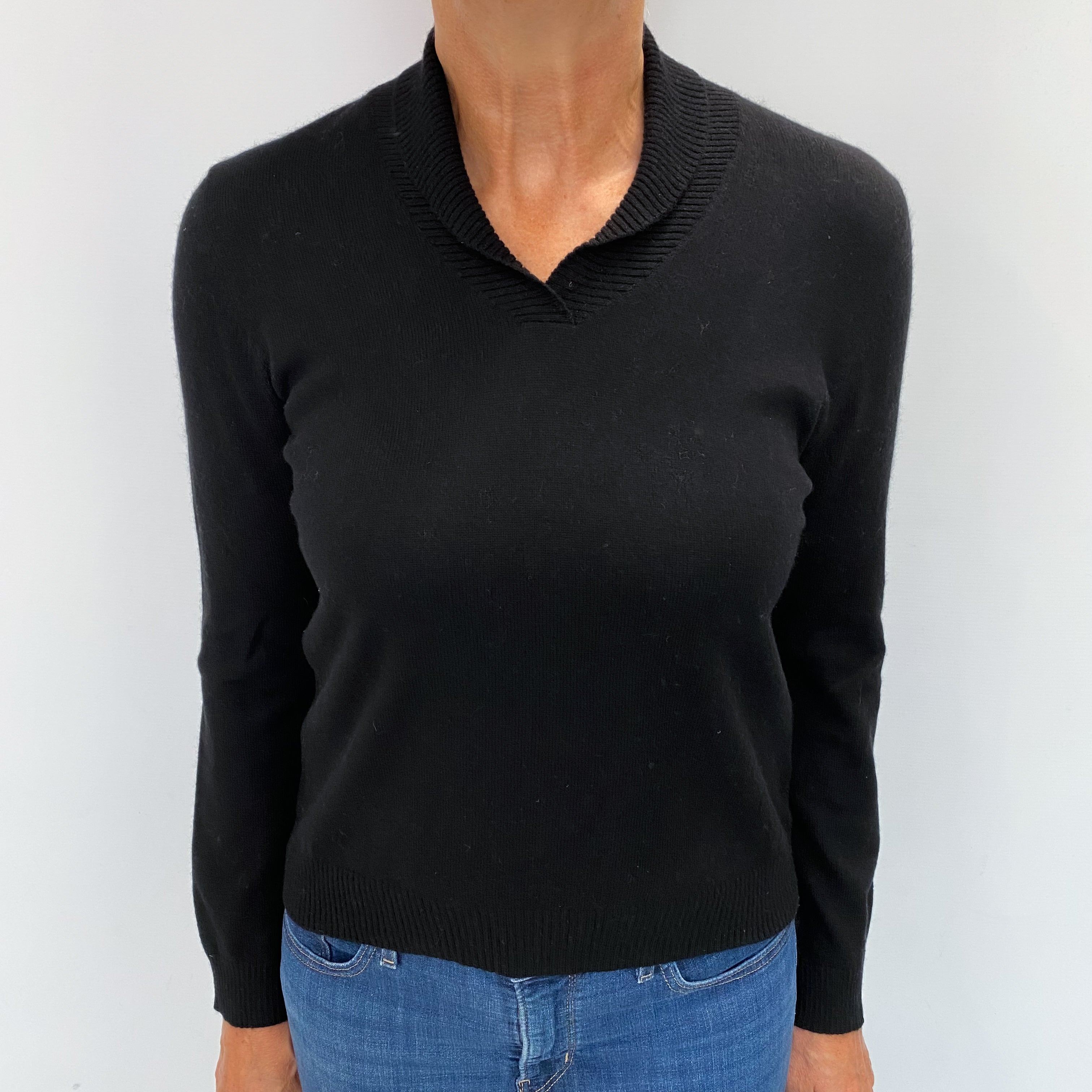 Black Cashmere Collared V Neck Jumper Medium