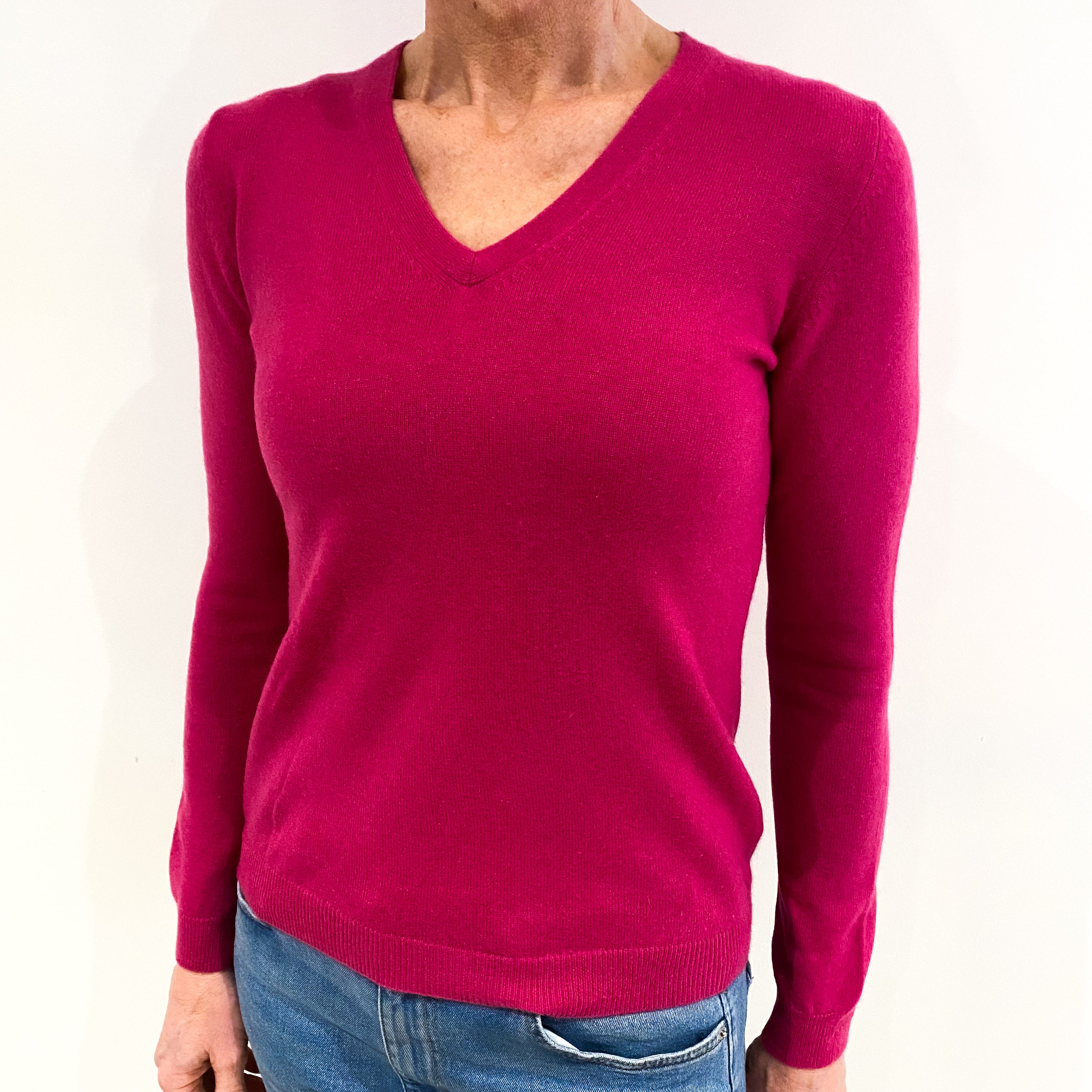 Fuchsia Pink Cashmere V Neck Jumper Small