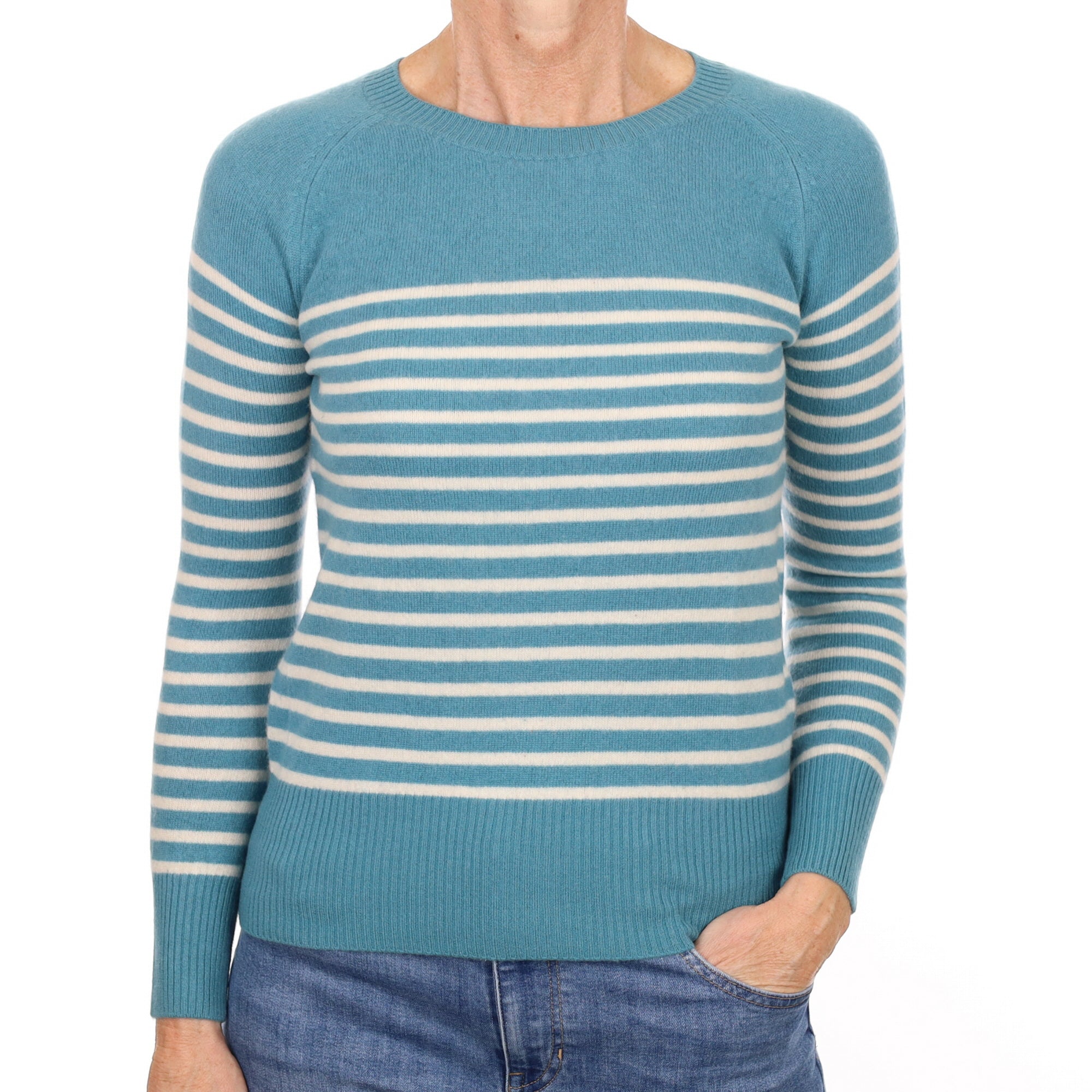 Sea Green Stripe Cashmere Crew Neck Jumper Small