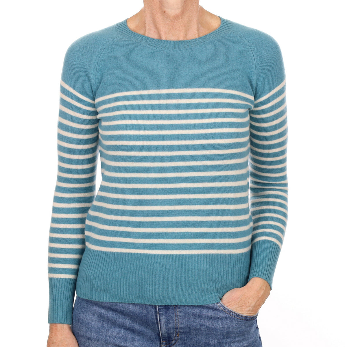 Sea Green Stripe Cashmere Crew Neck Jumper Small