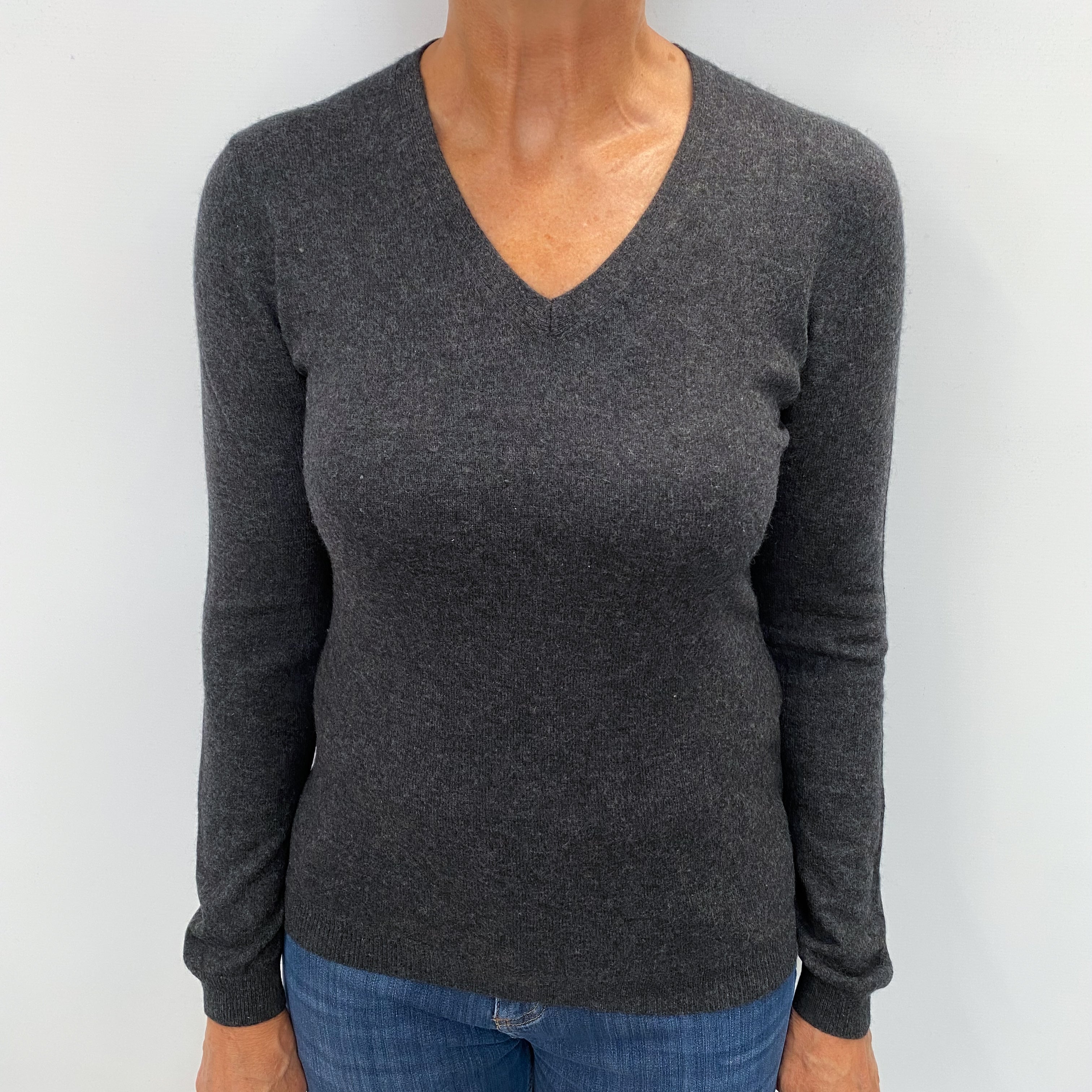 Charcoal Grey Cashmere V Neck Jumper Medium