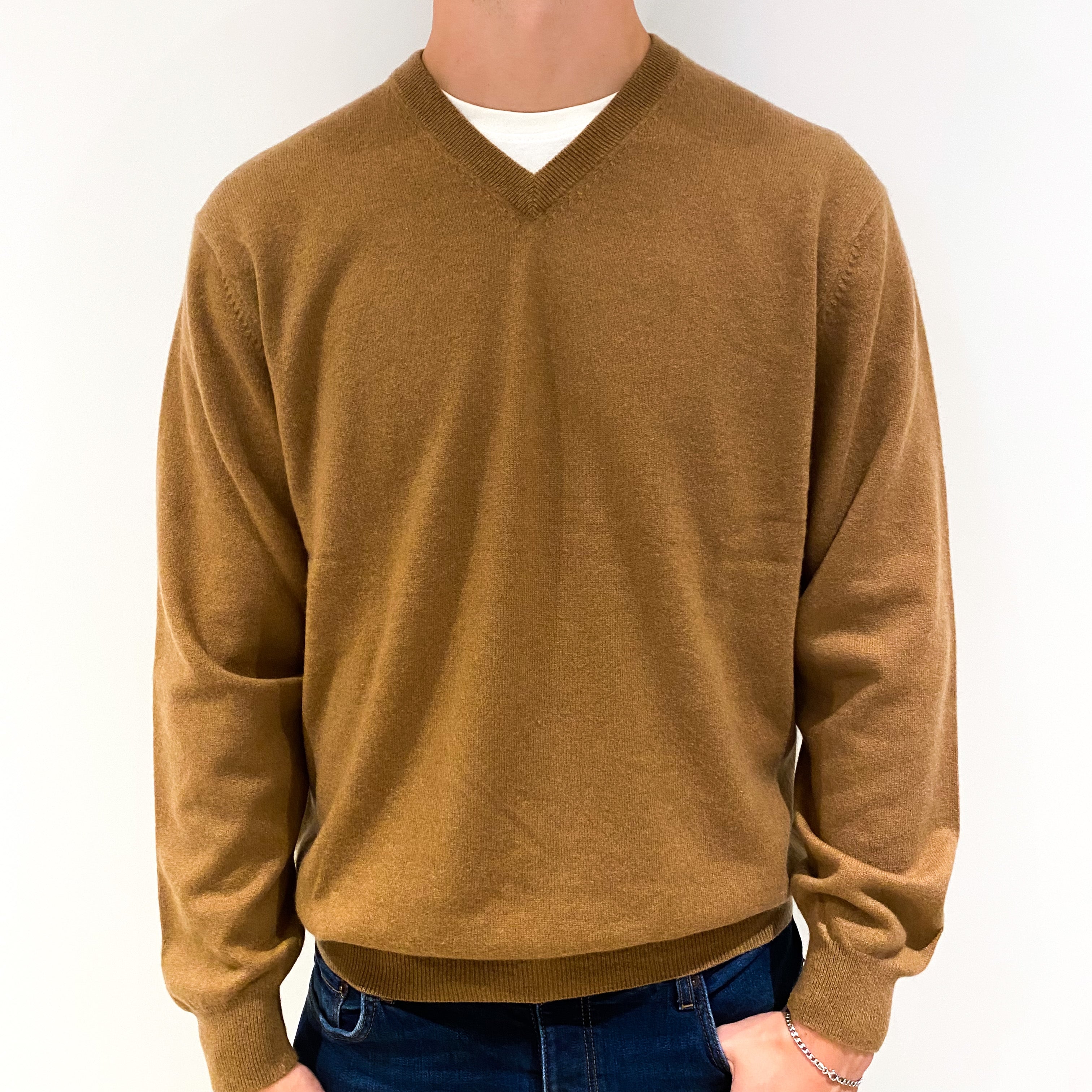Men's Chestnut Brown Cashmere V-Neck Jumper Extra Large