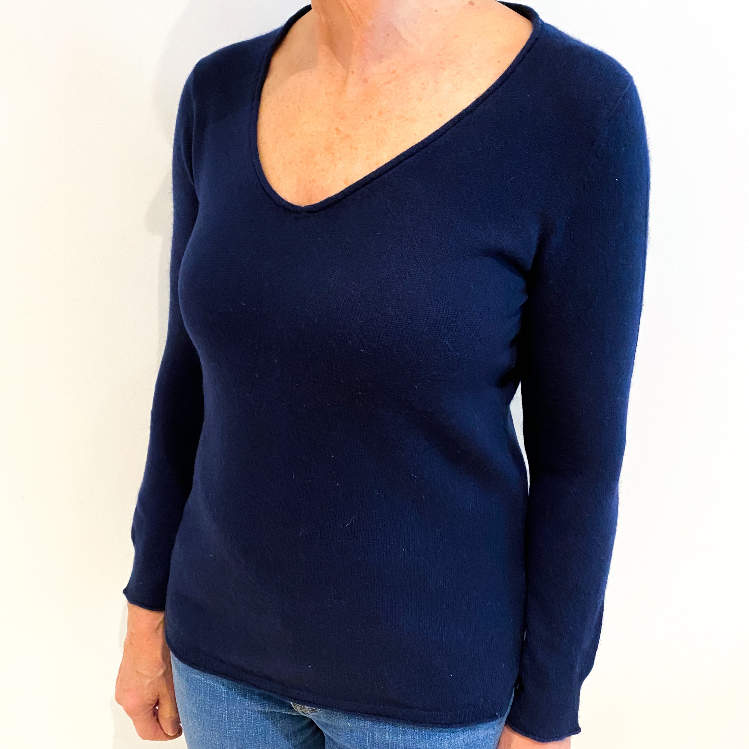 Navy Blue Cashmere V Neck Jumper Medium