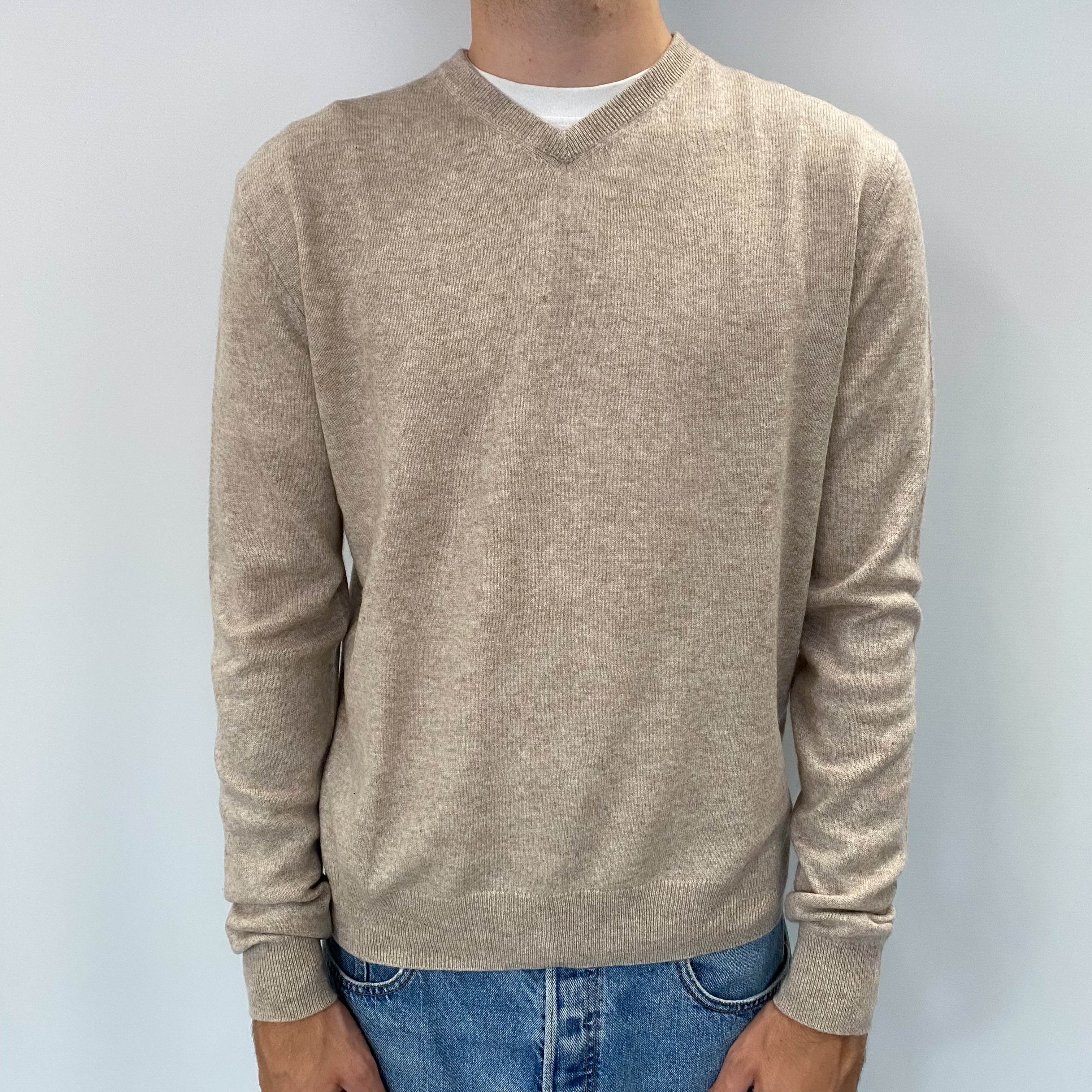 Men's Oatmeal Beige Cashmere V Neck Jumper Large