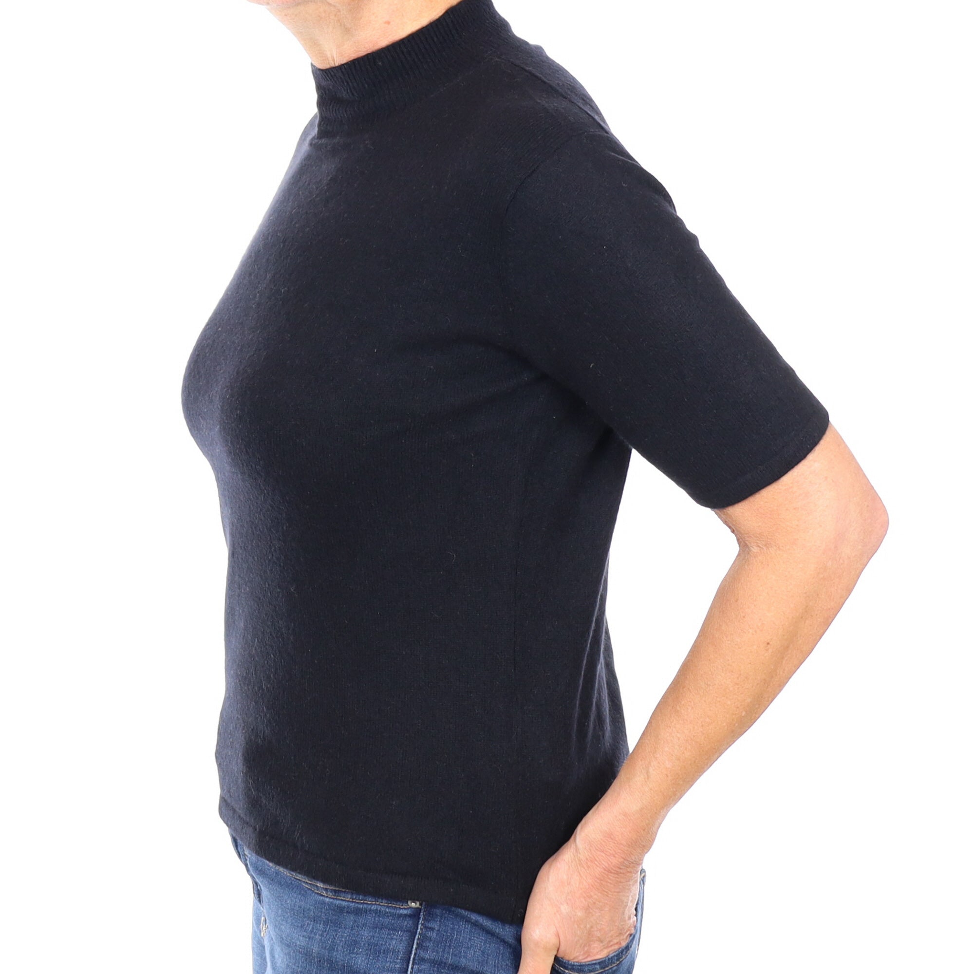 Black Cashmere Short Sleeved Turtle Neck Jumper Medium