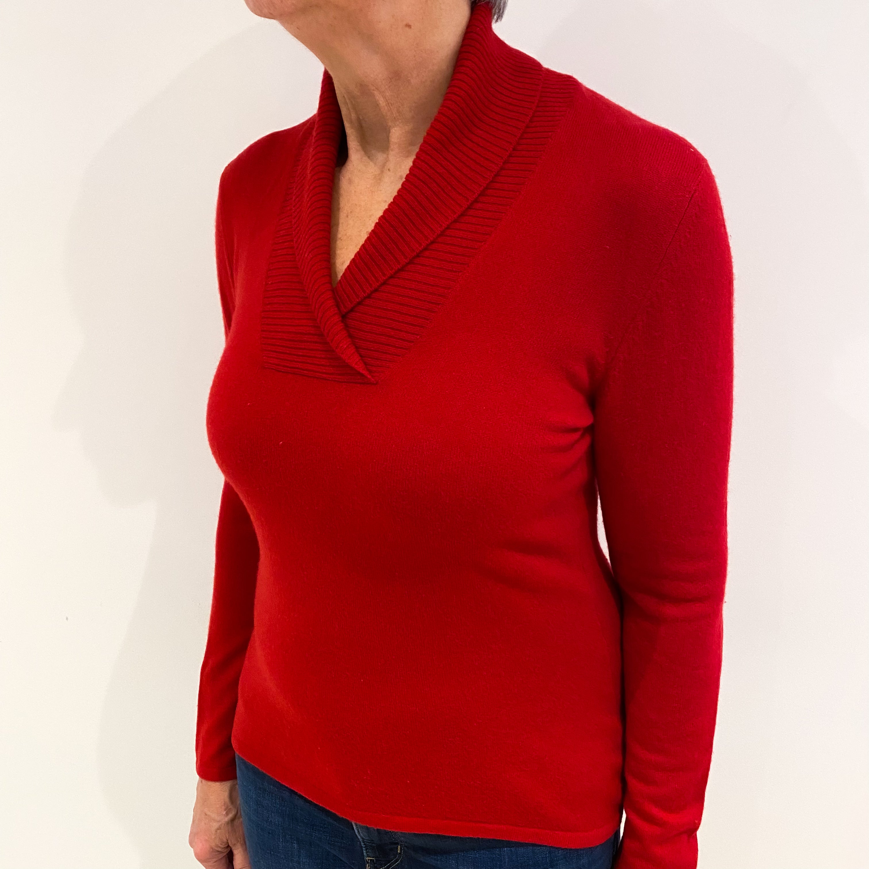 Scarlett Red Cashmere V Neck Jumper with Shawl Collar Medium