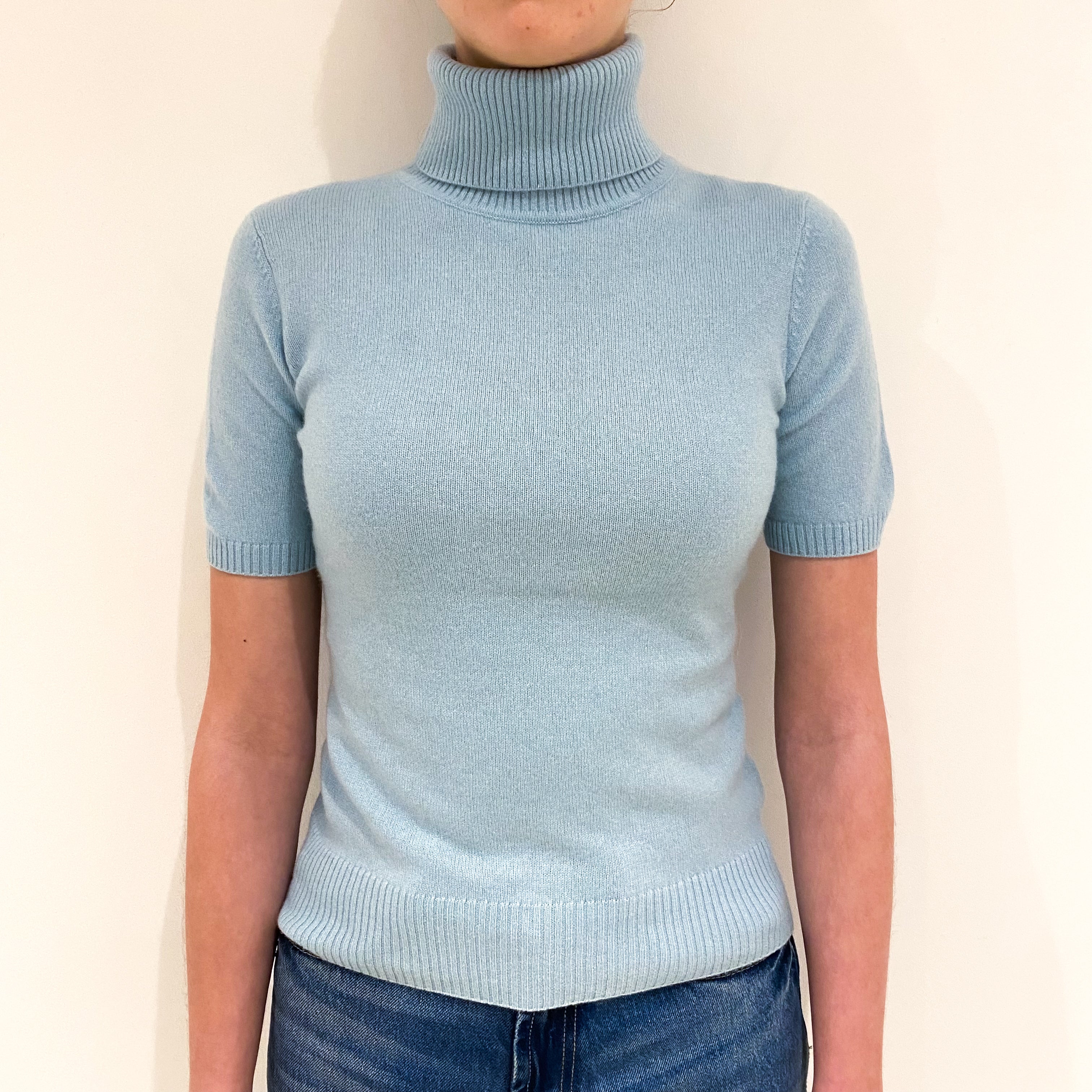 Opal Blue Cashmere Short Sleeved Polo Neck Jumper Extra Small