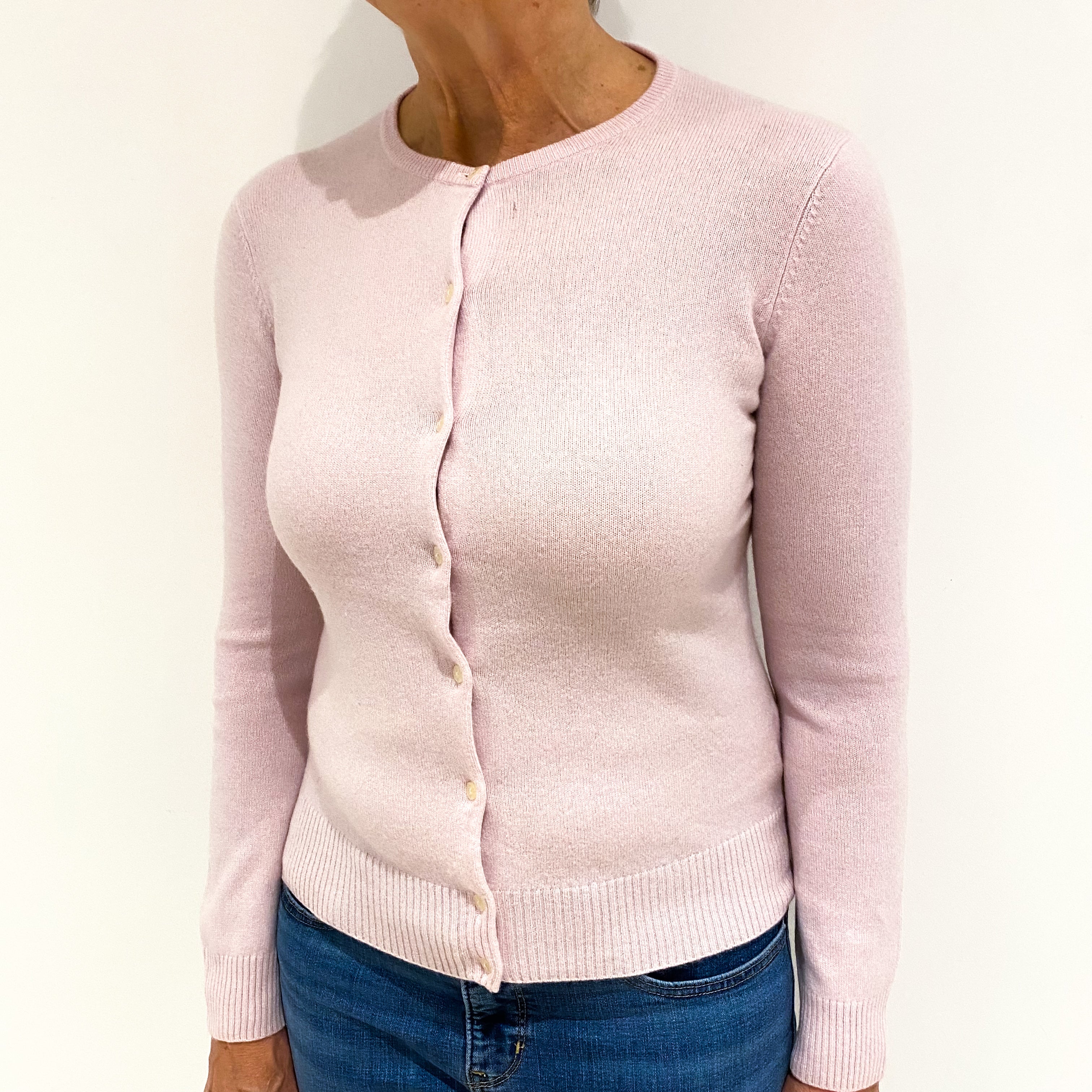 Pale Mauve Pink Cashmere Crew Neck Cardigan Medium