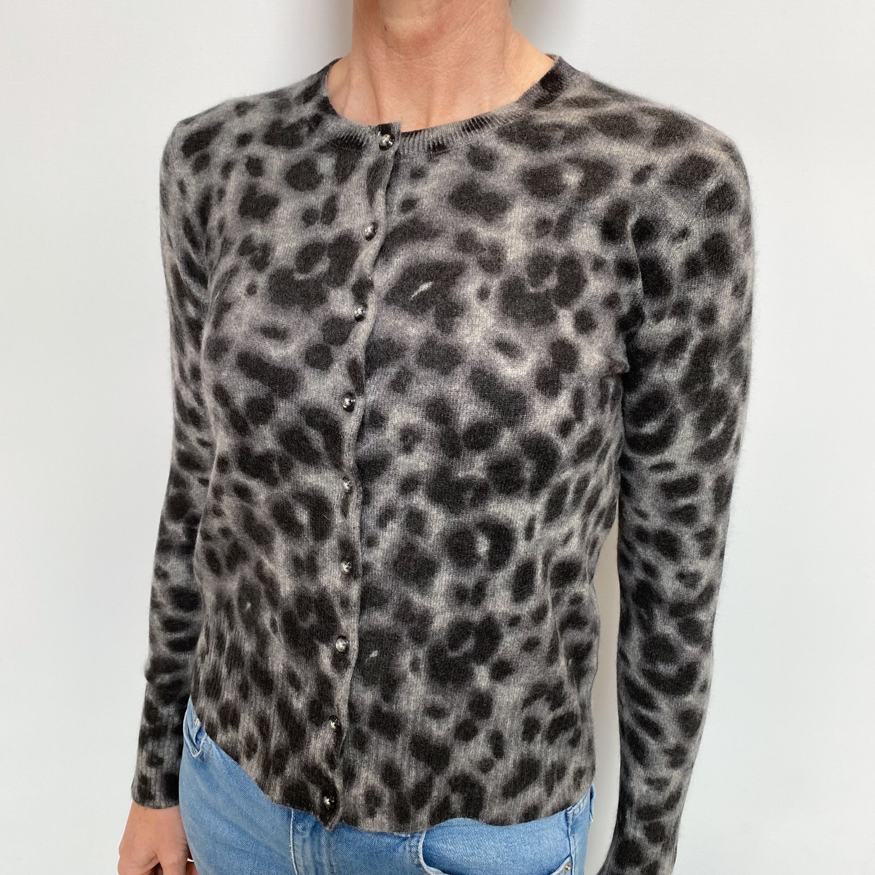 Grey Animal Print Cashmere Crew Neck Cardigan Small