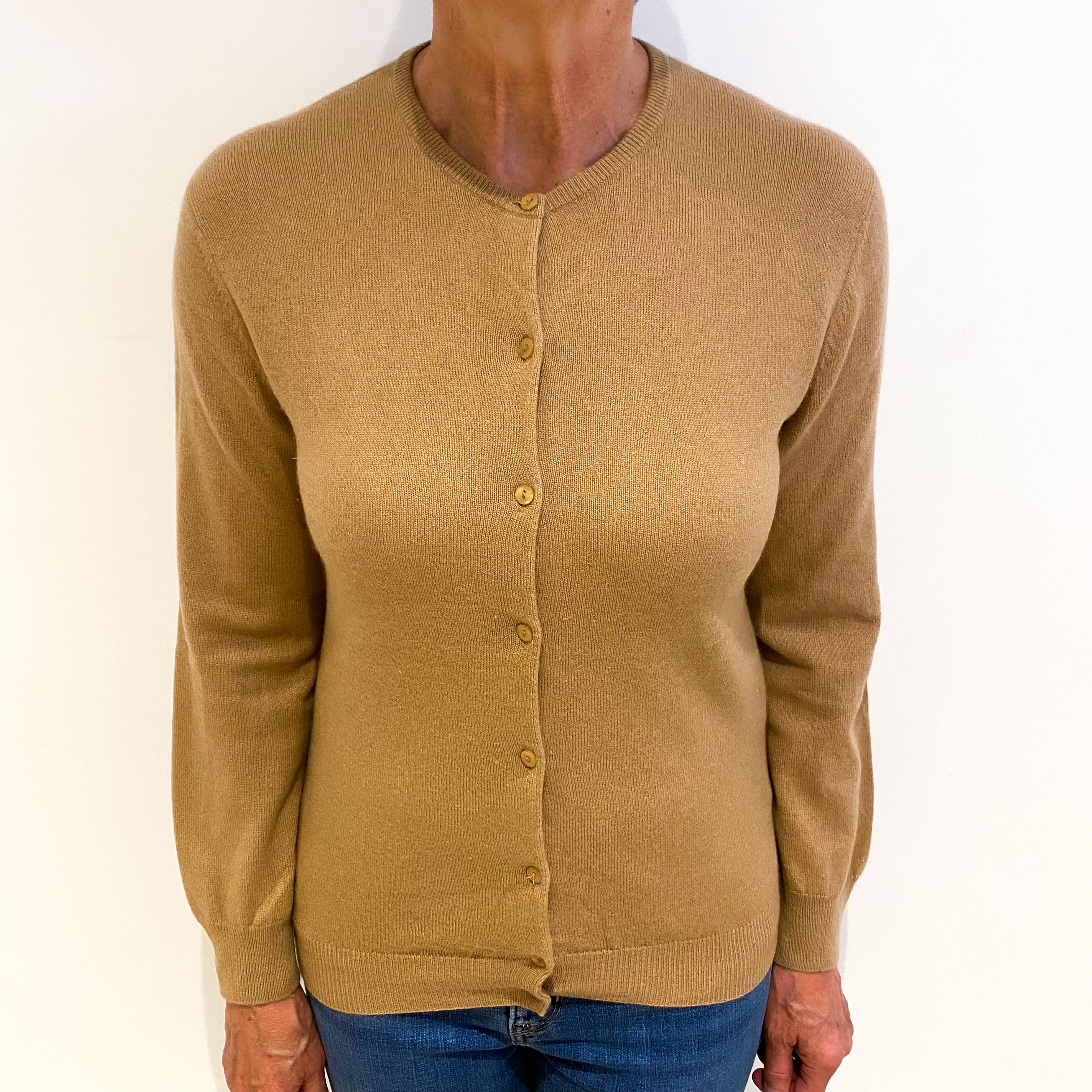 Camel Brown Cashmere Crew Neck Cardigan Medium