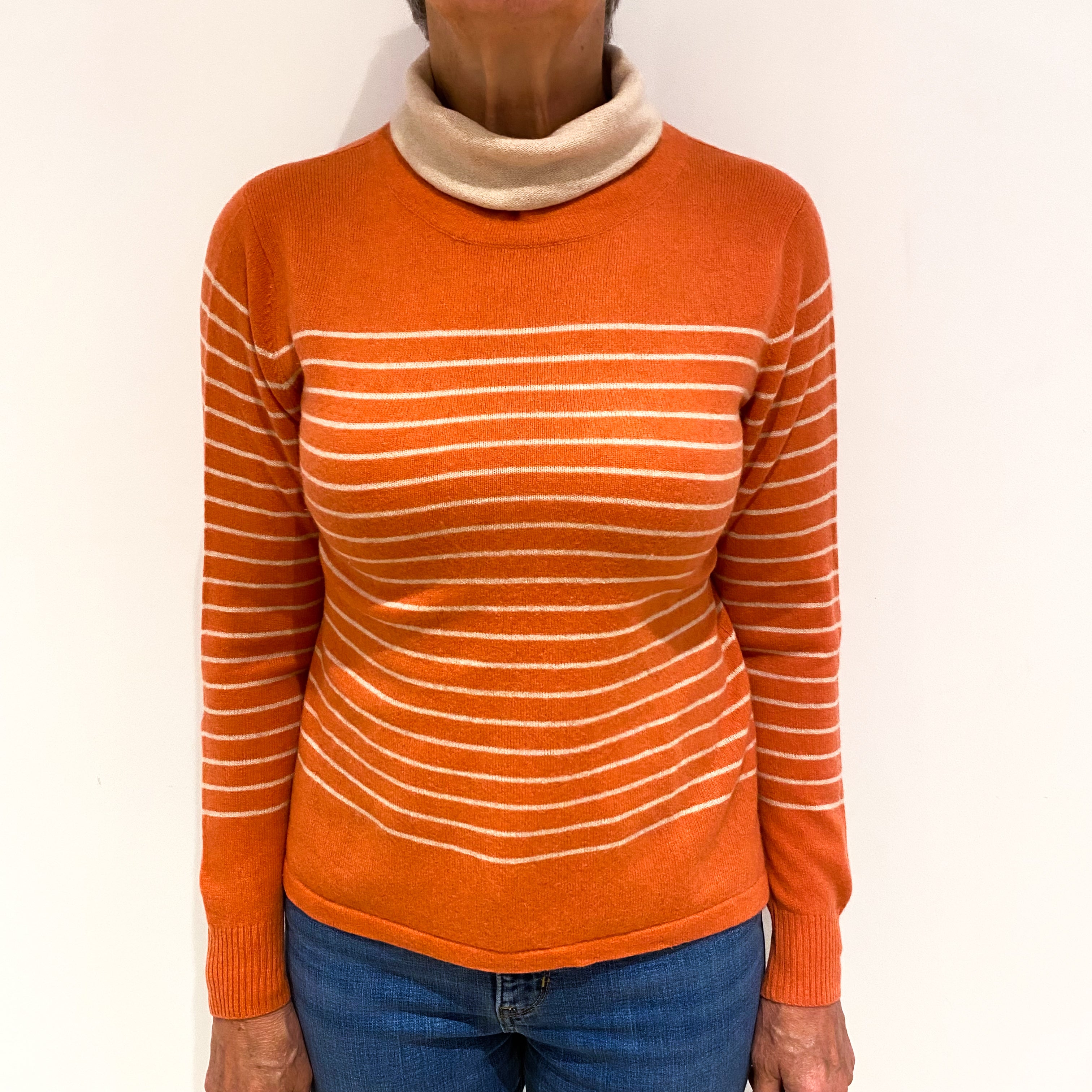 Coral And Cream Stripe Cashmere Cowl Neck Jumper Medium