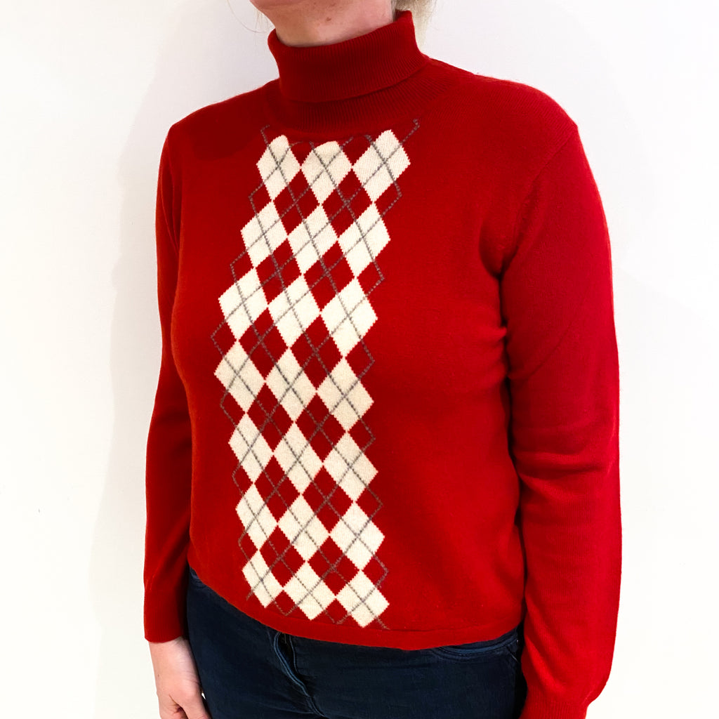 Red And Cream Diamond Cashmere Polo Neck Jumper Large