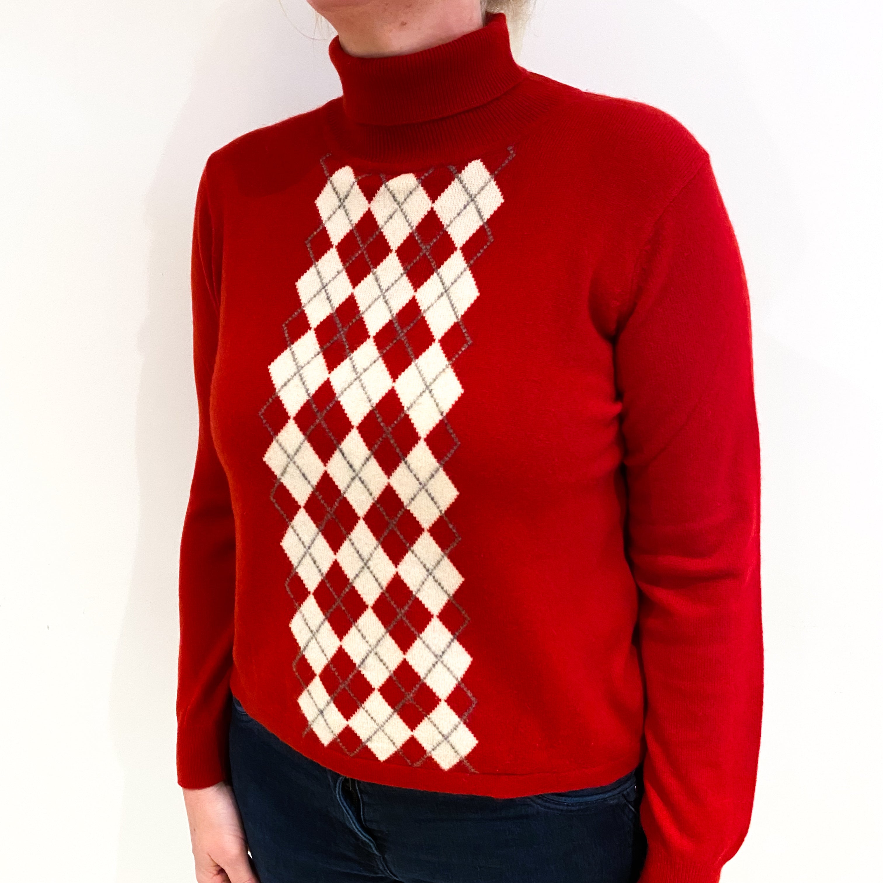 Red And Cream Diamond Cashmere Polo Neck Jumper Large