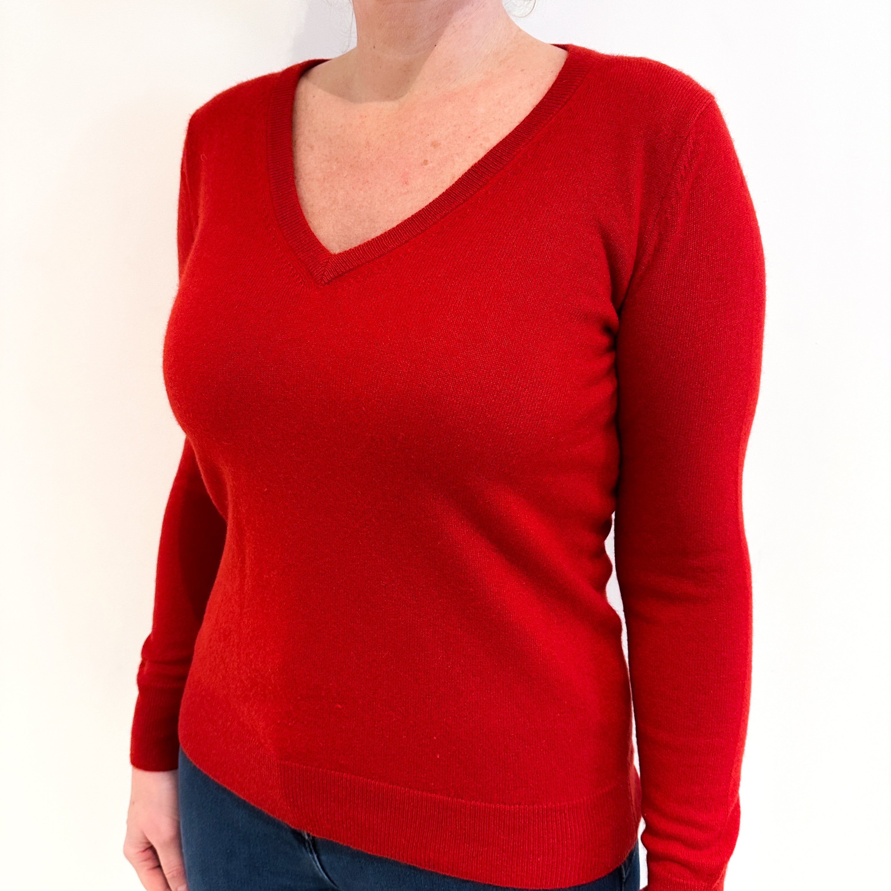 Scarlet Red Cashmere V Neck Jumper Large