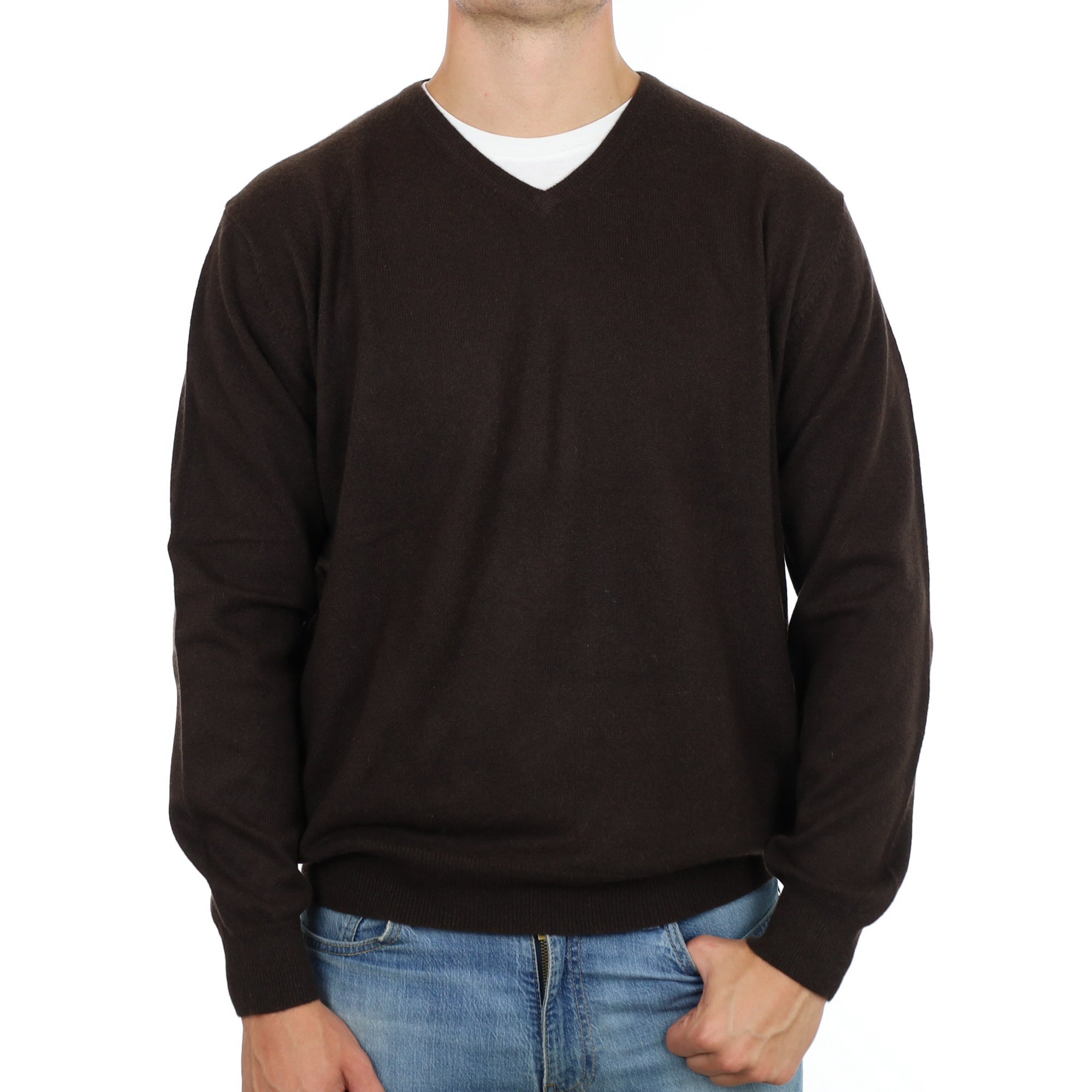 Men's Dark Chocolate Cashmere V Neck Jumper XXL