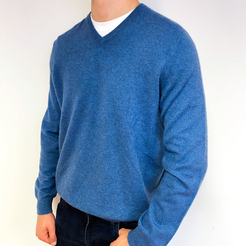 Men's Denim Blue Cashmere V-Neck Jumper Extra Large