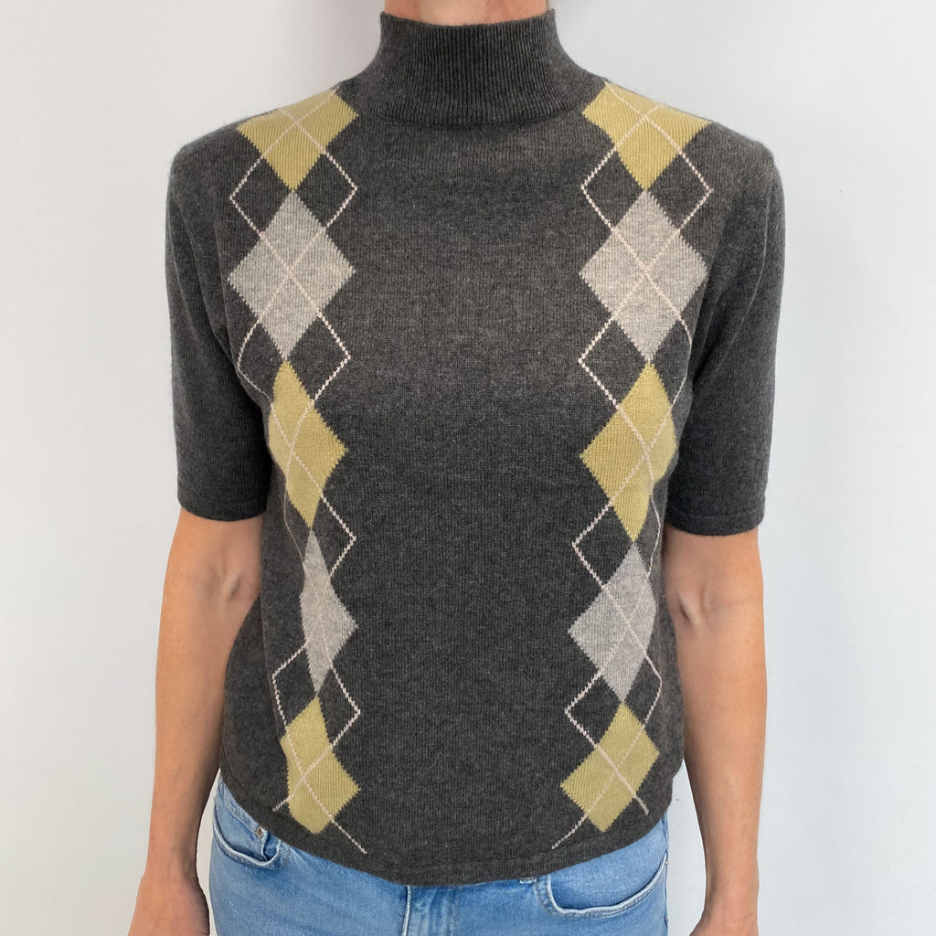 Slate Grey Diamond Cashmere Short Sleeved Polo Neck Jumper Small