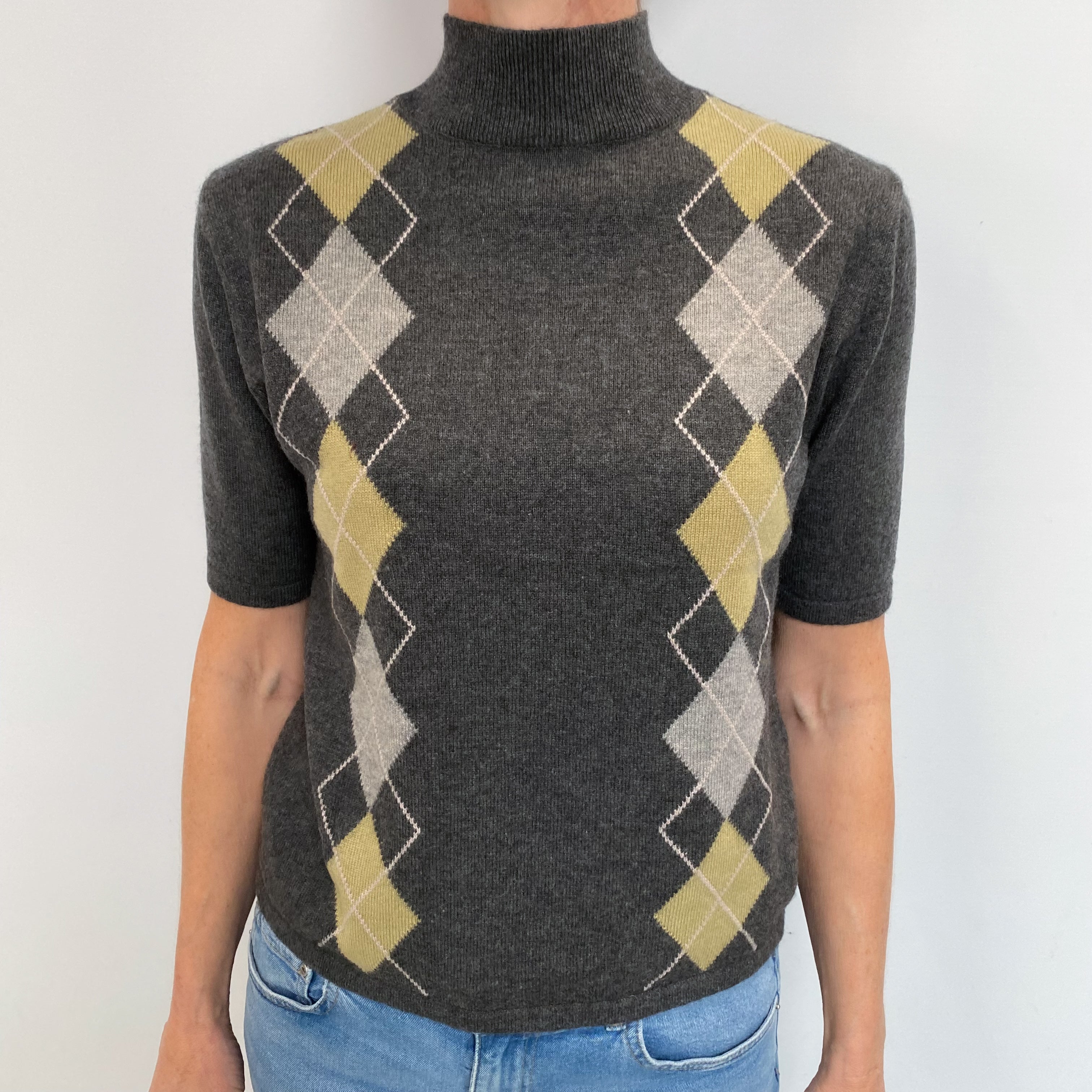 Slate Grey Diamond Cashmere Short Sleeved Polo Neck Jumper Small