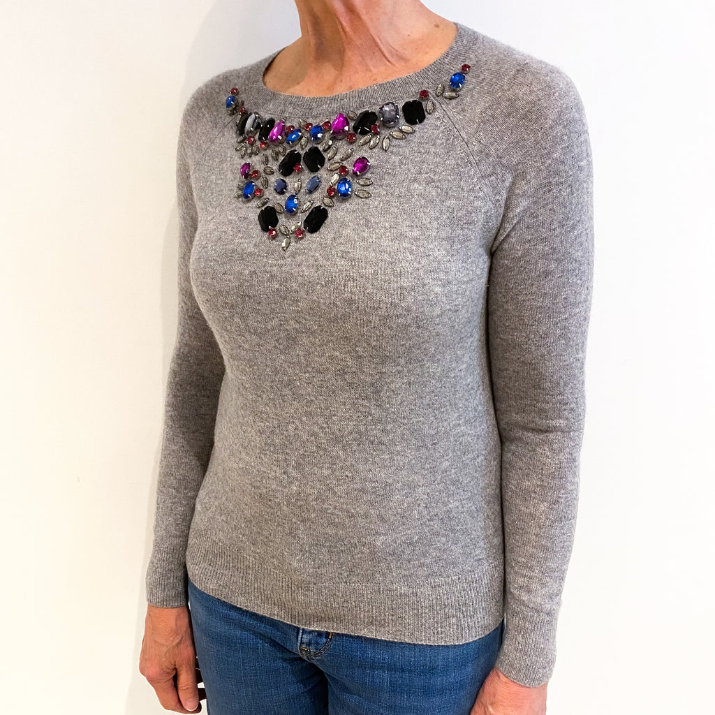 Ash Grey Jewelled Front Cashmere Crew Neck Jumper Medium