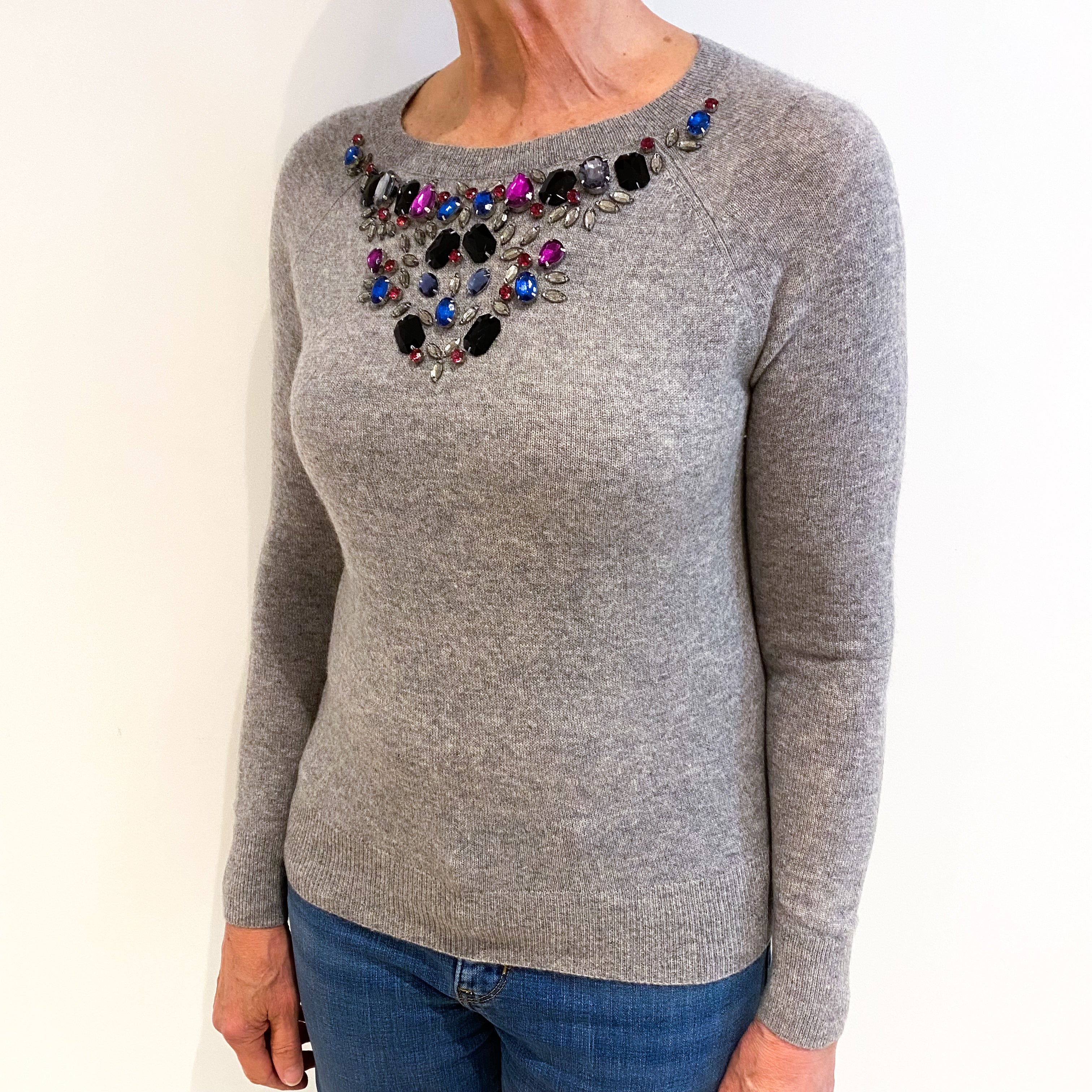 Ash Grey Jewelled Front Cashmere Crew Neck Jumper Medium