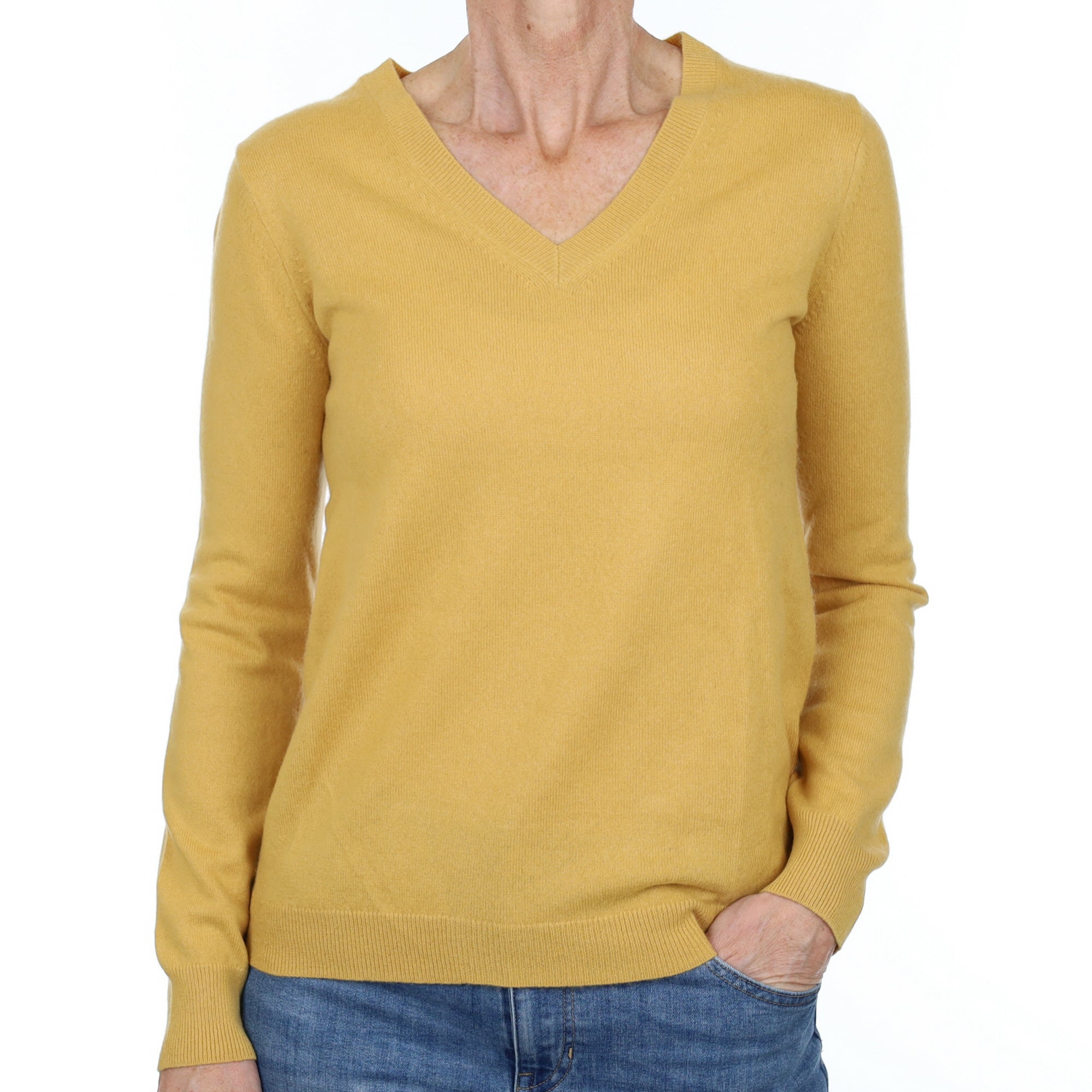 Flaxen Yellow Cashmere V Neck Jumper Small