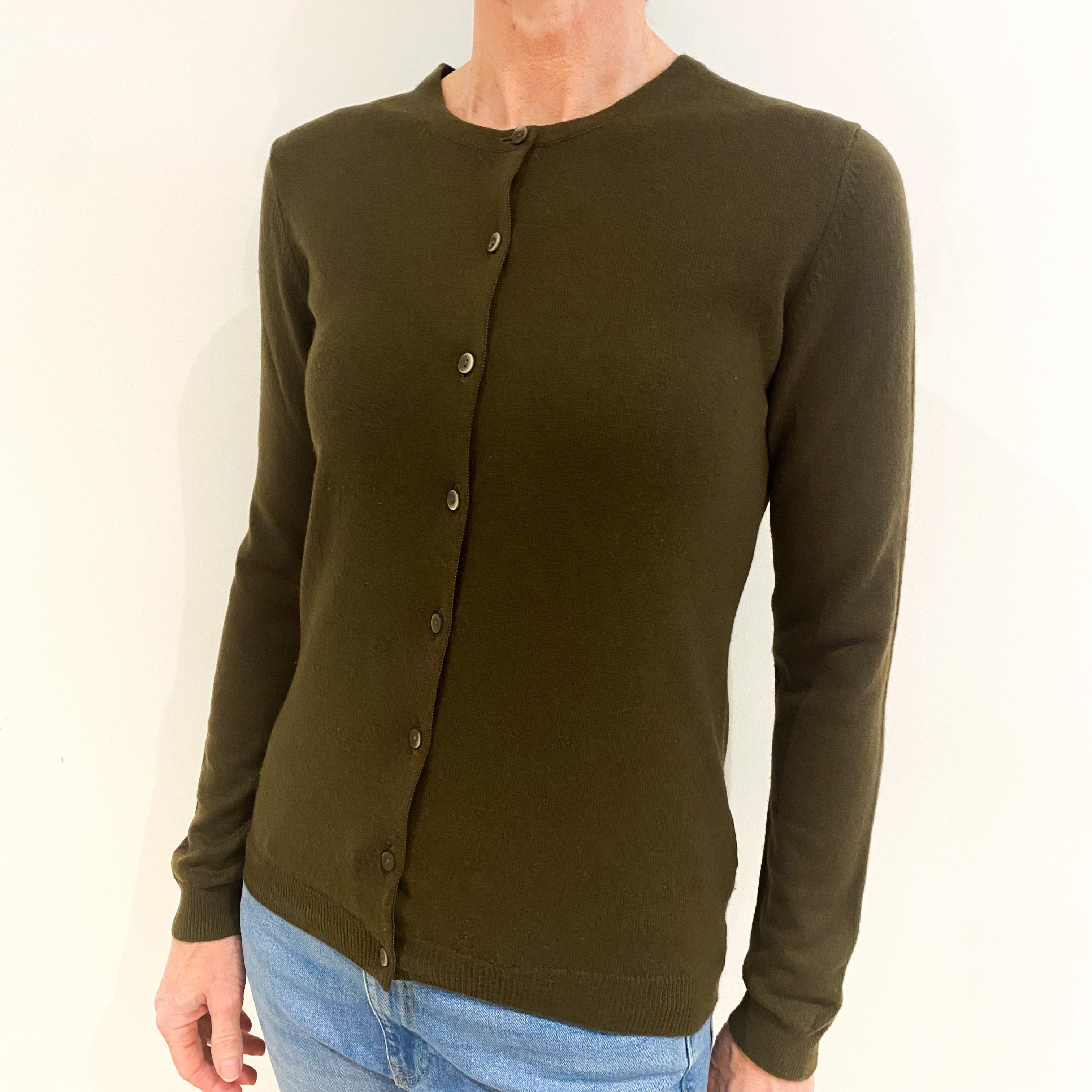 Deep Khaki Green Cashmere Crew Neck Cardigan Small