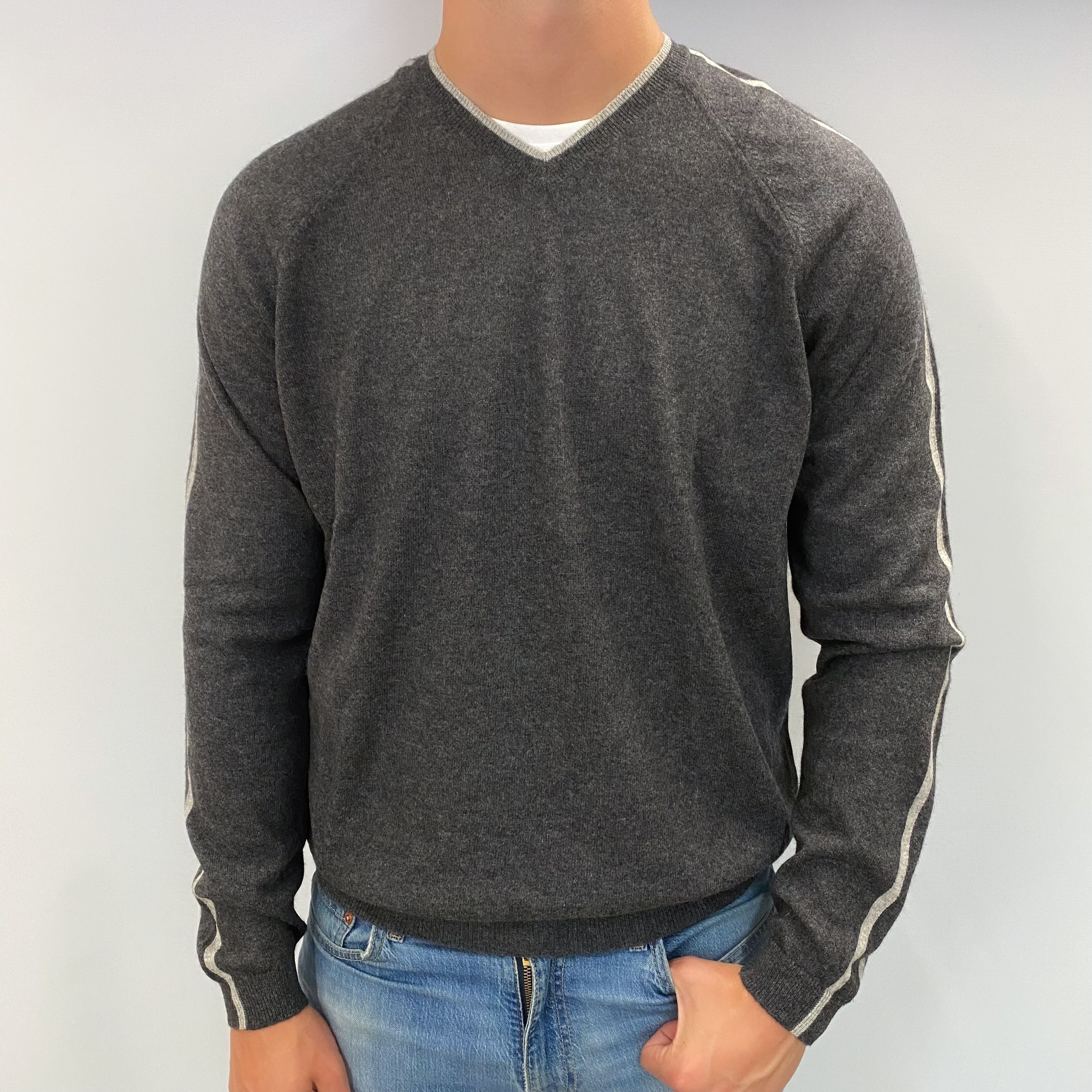 Men's Slate Grey Cashmere V Neck Jumper XL