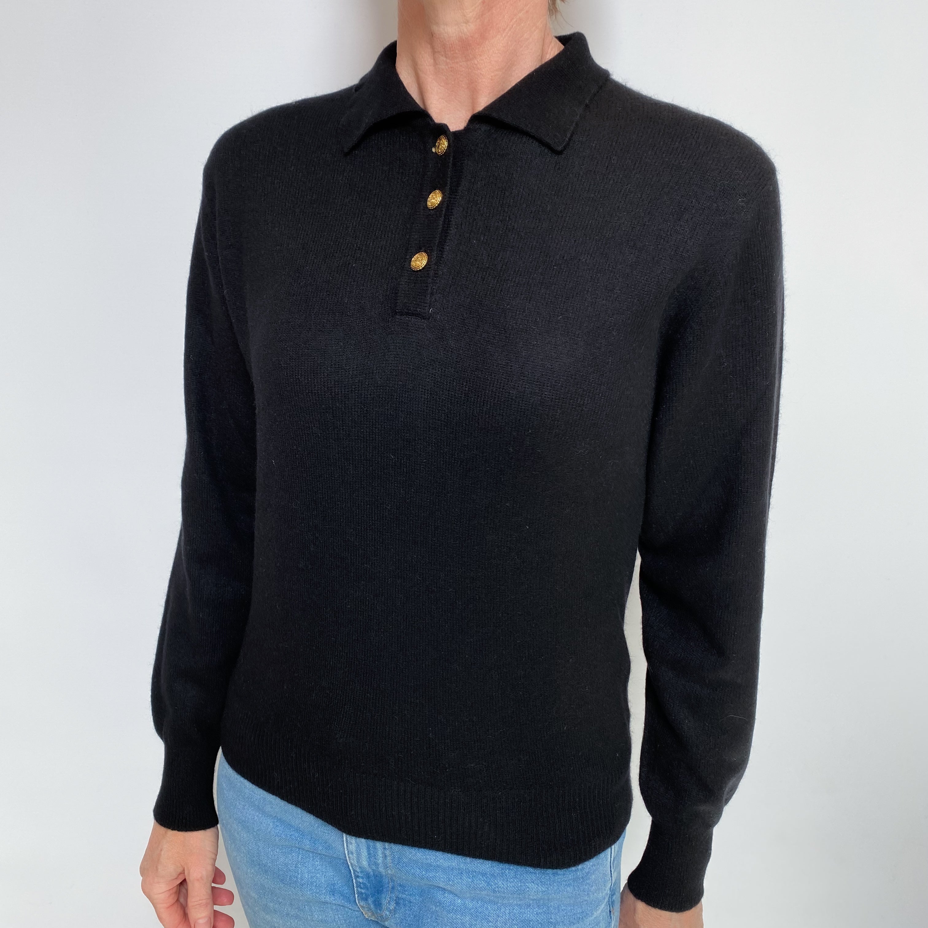 Black Cashmere Collared 1/4 Button Jumper Small